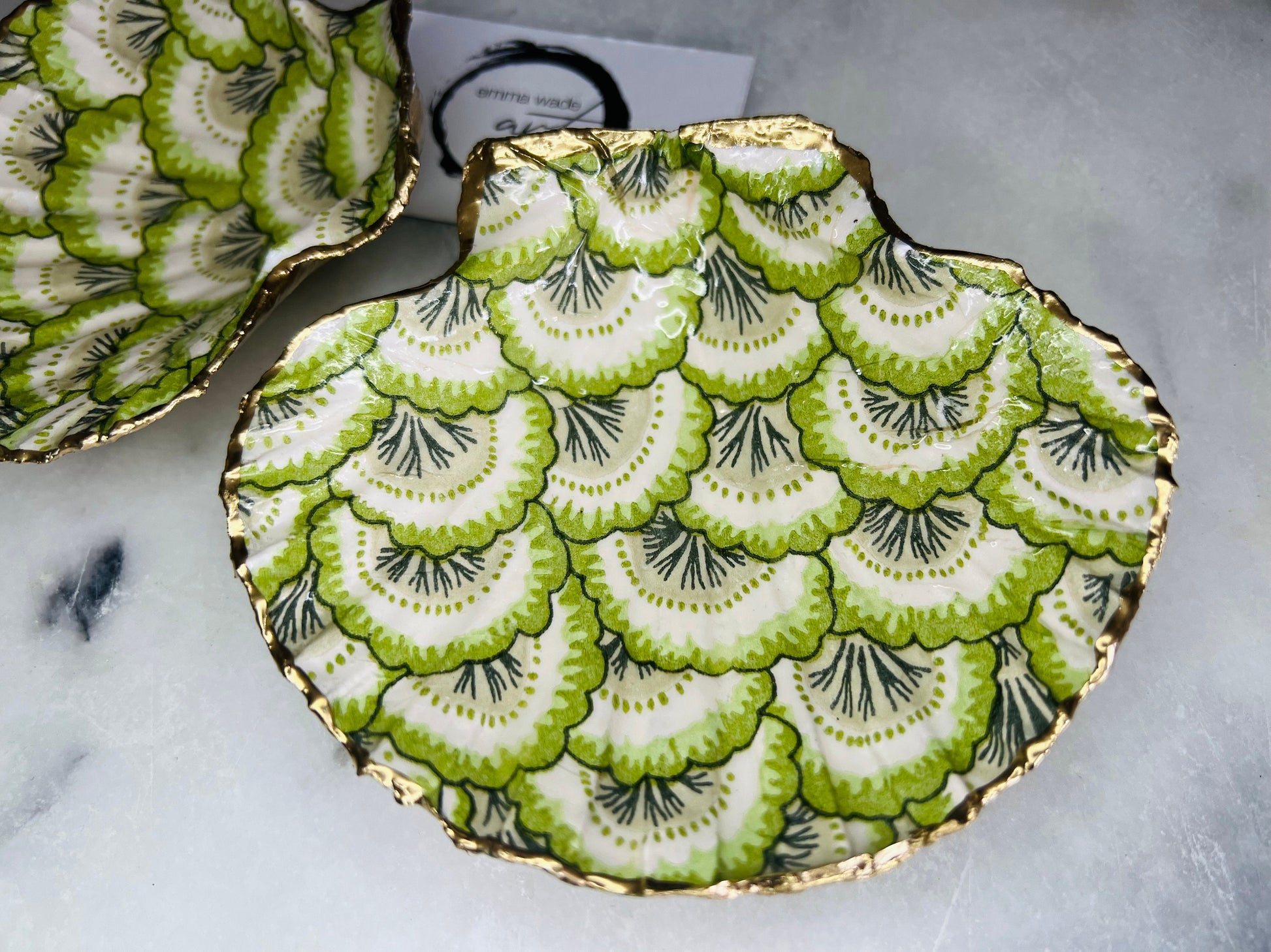 Gifts for her, Gift for him, Wedding gift, decoupaged scallop shell, Ring holder, Shell scallop Jewellery box, Trinket dish, Anniversary gift , Wedding gift ideas, Coastal decor, emmawadeart, Coastal ornament, Pontchartrain green, green dish