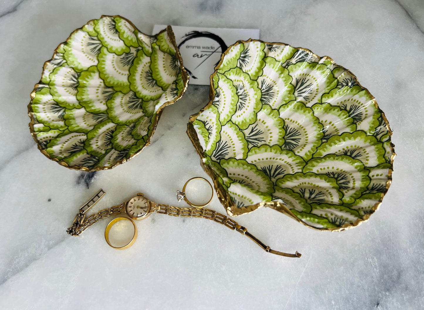 Gifts for her, Gift for him, Wedding gift, decoupaged scallop shell, Ring holder, Shell scallop Jewellery box, Trinket dish, Anniversary gift , Wedding gift ideas, Coastal decor, emmawadeart, Coastal ornament, Pontchartrain green, green dish