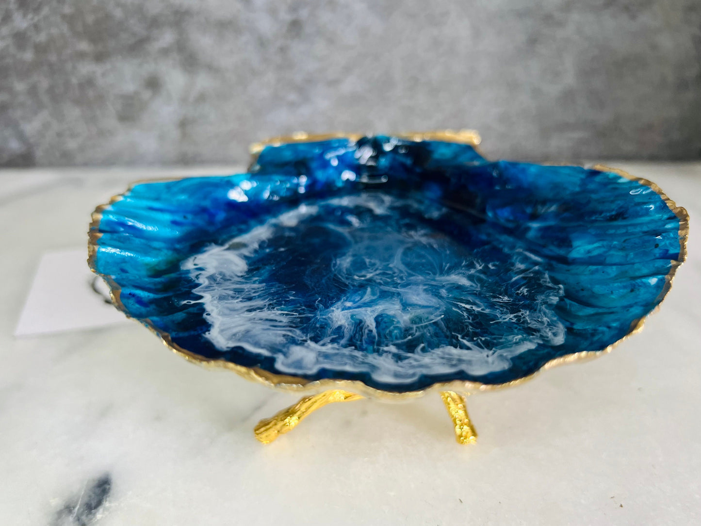 gift for her, blue gold dish, trinket dish, shell serving dish, blue handmade dish, shell ornament, trinket box, wedding gift, coastal gift, coastal decor, home decor, blue gift, shell decor, decorative ornament, EmmaWadeART, coastal ornament