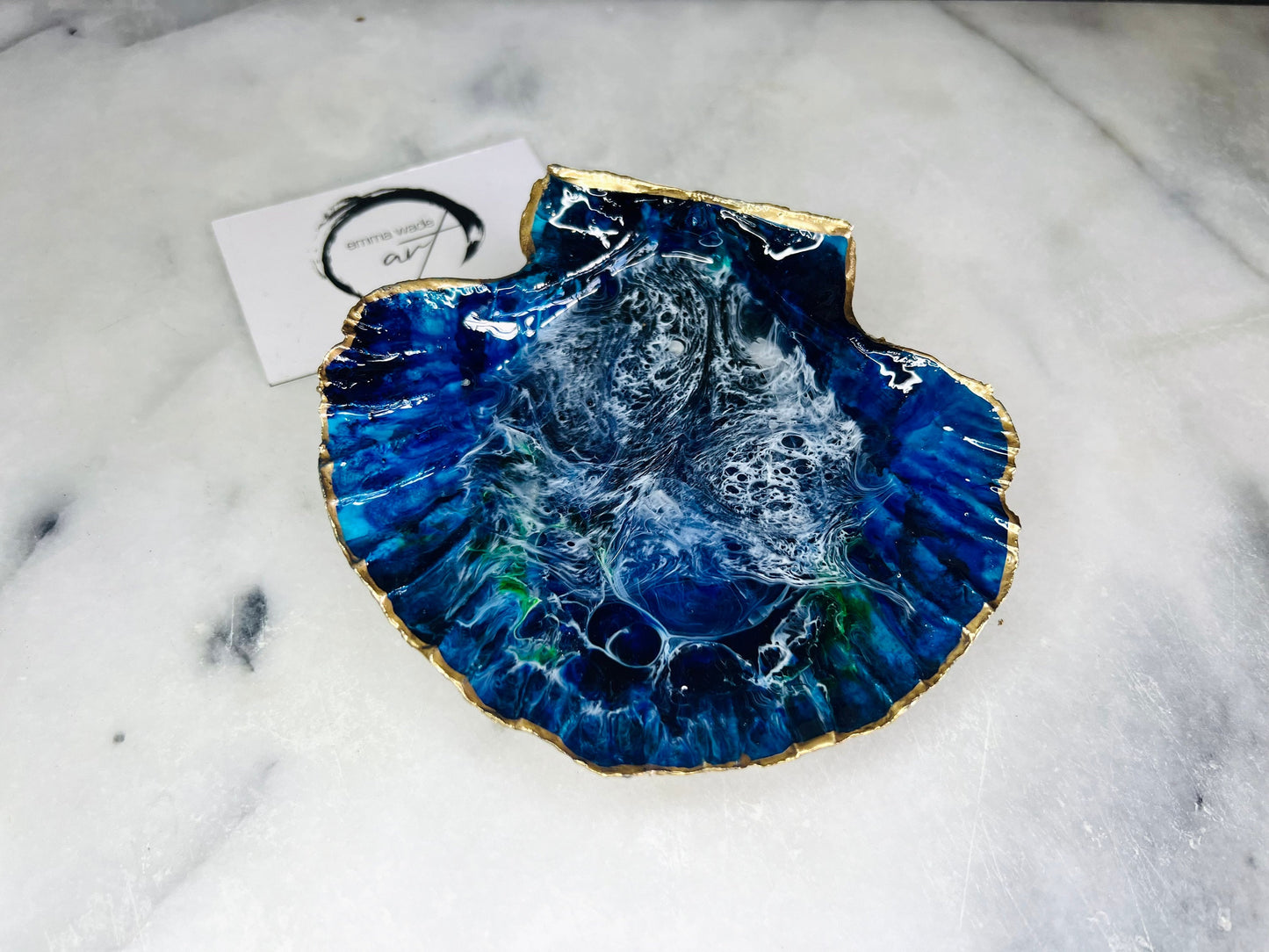 gift for her, blue gold dish, trinket dish, shell serving dish, blue handmade dish, shell ornament, trinket box, wedding gift, coastal gift, coastal decor, home decor, blue gift, shell decor, decorative ornament, EmmaWadeART, coastal ornament