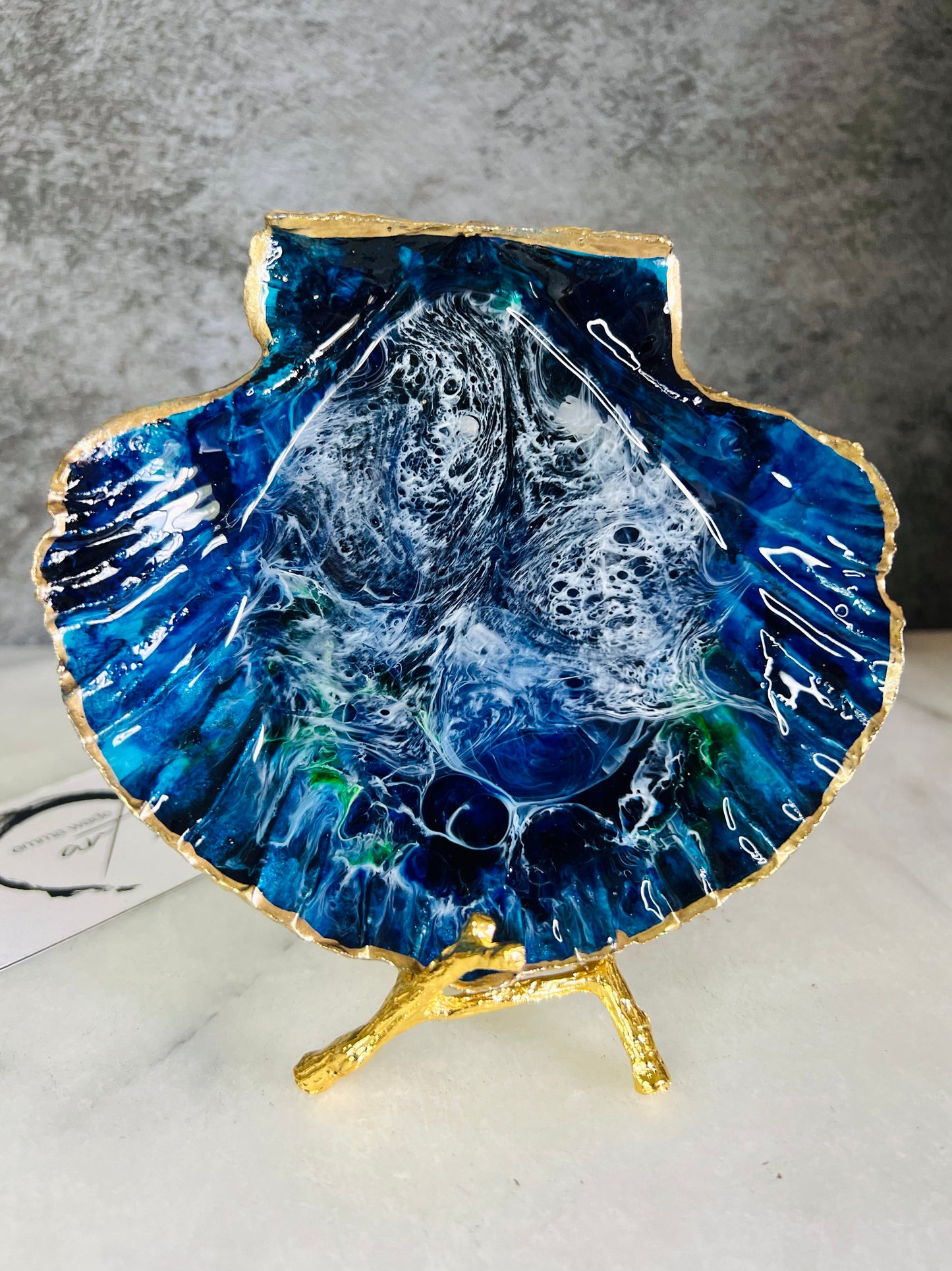 gift for her, blue gold dish, trinket dish, shell serving dish, blue handmade dish, shell ornament, trinket box, wedding gift, coastal gift, coastal decor, home decor, blue gift, shell decor, decorative ornament, EmmaWadeART, coastal ornament