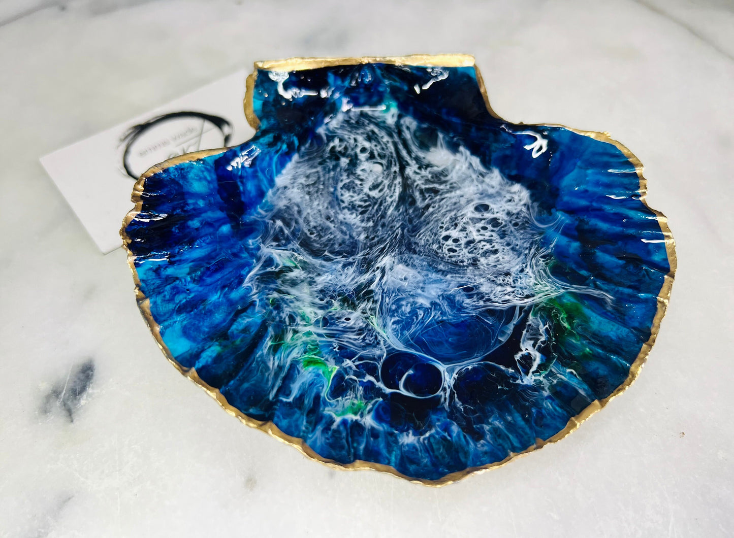 gift for her, blue gold dish, trinket dish, shell serving dish, blue handmade dish, shell ornament, trinket box, wedding gift, coastal gift, coastal decor, home decor, blue gift, shell decor, decorative ornament, EmmaWadeART, coastal ornament