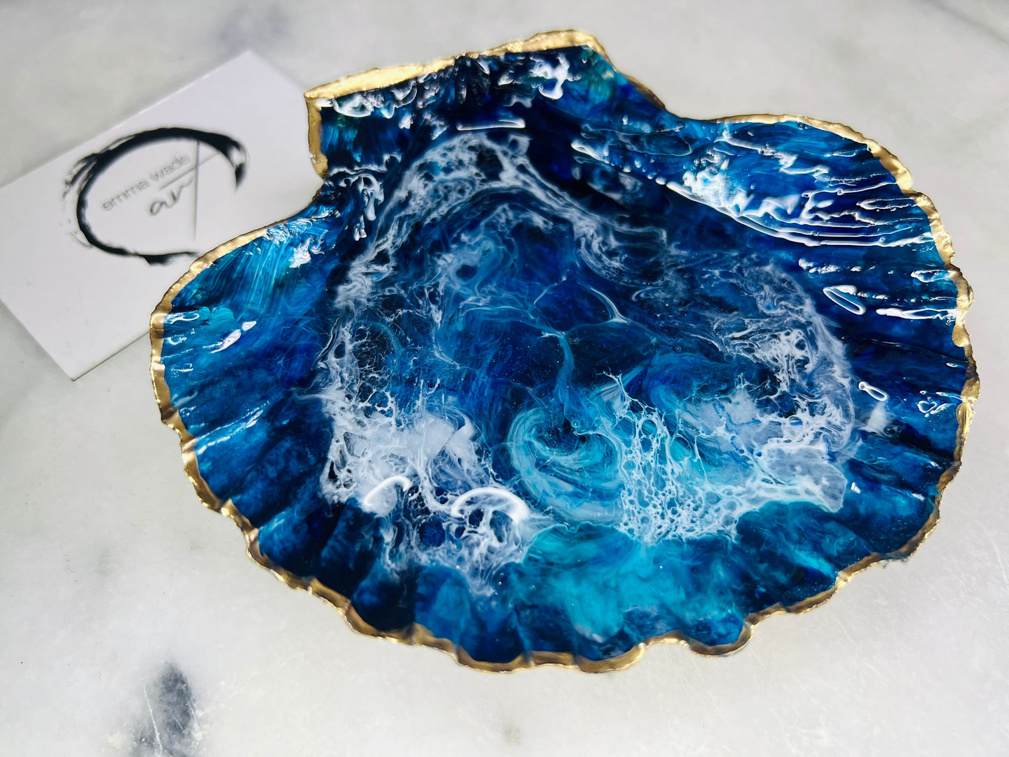 gift for her, blue gold dish, trinket dish, shell serving dish, blue handmade dish, shell ornament, trinket box, wedding gift, coastal gift, coastal decor, home decor, blue gift, shell decor, decorative ornament, EmmaWadeART, coastal ornament