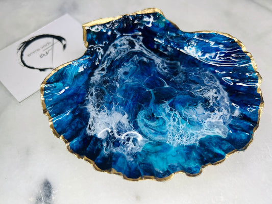 gift for her, blue gold dish, trinket dish, shell serving dish, blue handmade dish, shell ornament, trinket box, wedding gift, coastal gift, coastal decor, home decor, blue gift, shell decor, decorative ornament, EmmaWadeART, coastal ornament