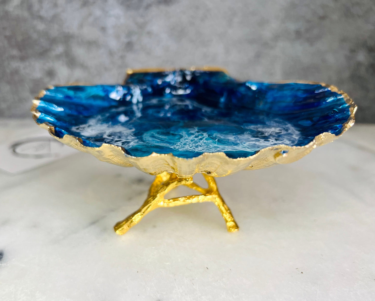gift for her, blue gold dish, trinket dish, shell serving dish, blue handmade dish, shell ornament, trinket box, wedding gift, coastal gift, coastal decor, home decor, blue gift, shell decor, decorative ornament, EmmaWadeART, coastal ornament
