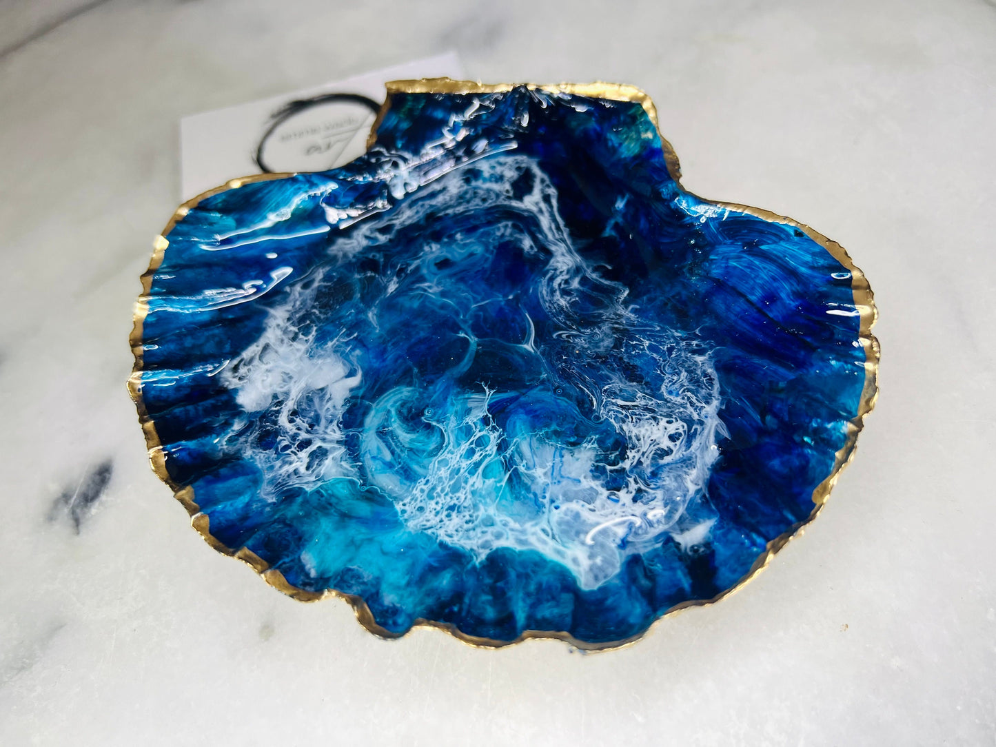 gift for her, blue gold dish, trinket dish, shell serving dish, blue handmade dish, shell ornament, trinket box, wedding gift, coastal gift, coastal decor, home decor, blue gift, shell decor, decorative ornament, EmmaWadeART, coastal ornament