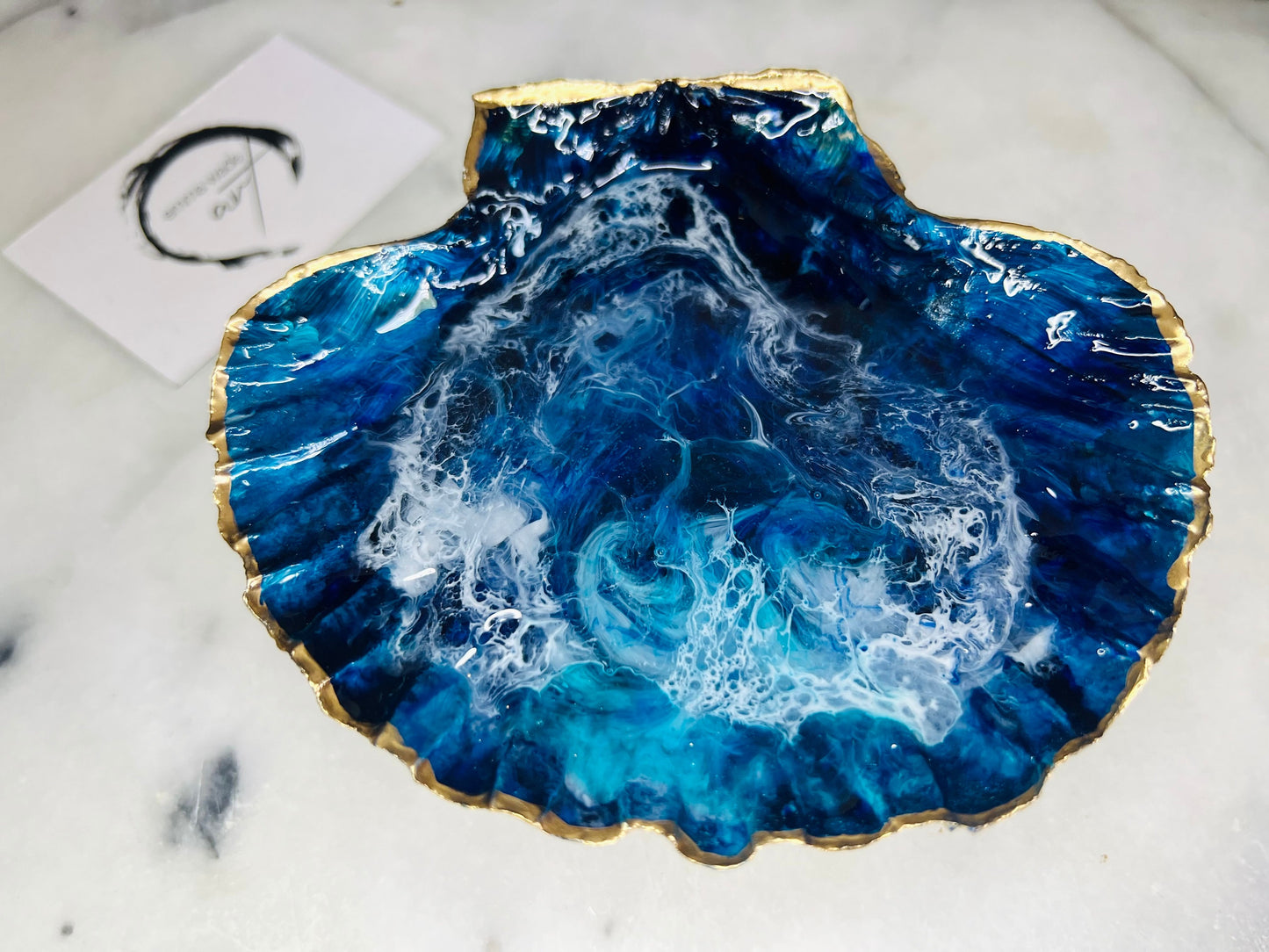 gift for her, blue gold dish, trinket dish, shell serving dish, blue handmade dish, shell ornament, trinket box, wedding gift, coastal gift, coastal decor, home decor, blue gift, shell decor, decorative ornament, EmmaWadeART, coastal ornament