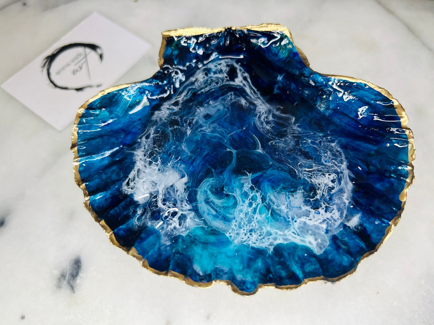 gift for her, blue gold dish, trinket dish, shell serving dish, blue handmade dish, shell ornament, trinket box, wedding gift, coastal gift, coastal decor, home decor, blue gift, shell decor, decorative ornament, EmmaWadeART, coastal ornament