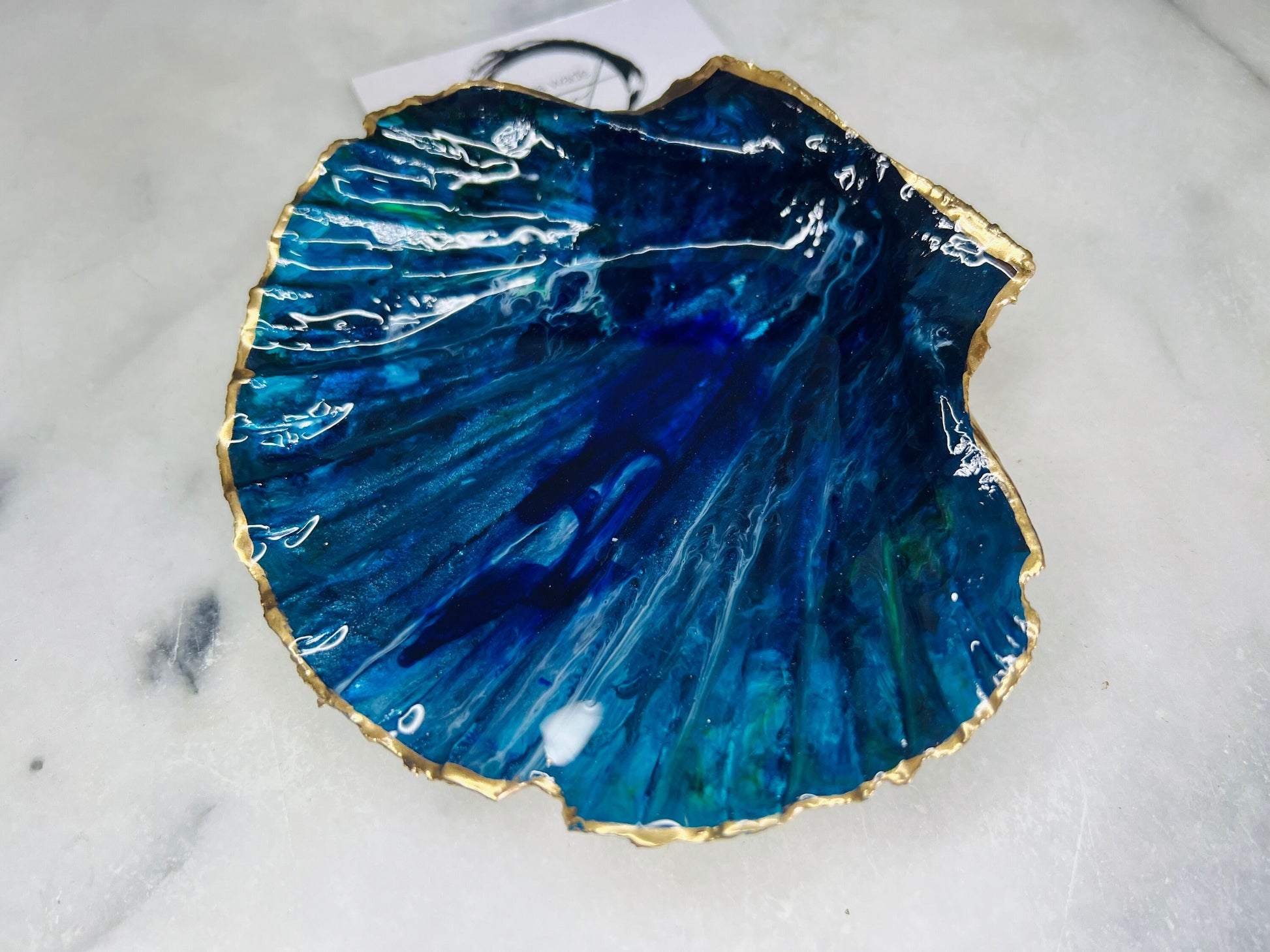 gift for her, blue gold dish, trinket dish, shell serving dish, blue handmade dish, shell ornament, trinket box, wedding gift, coastal gift, coastal decor, home decor, blue gift, shell decor, decorative ornament, EmmaWadeART, coastal ornament