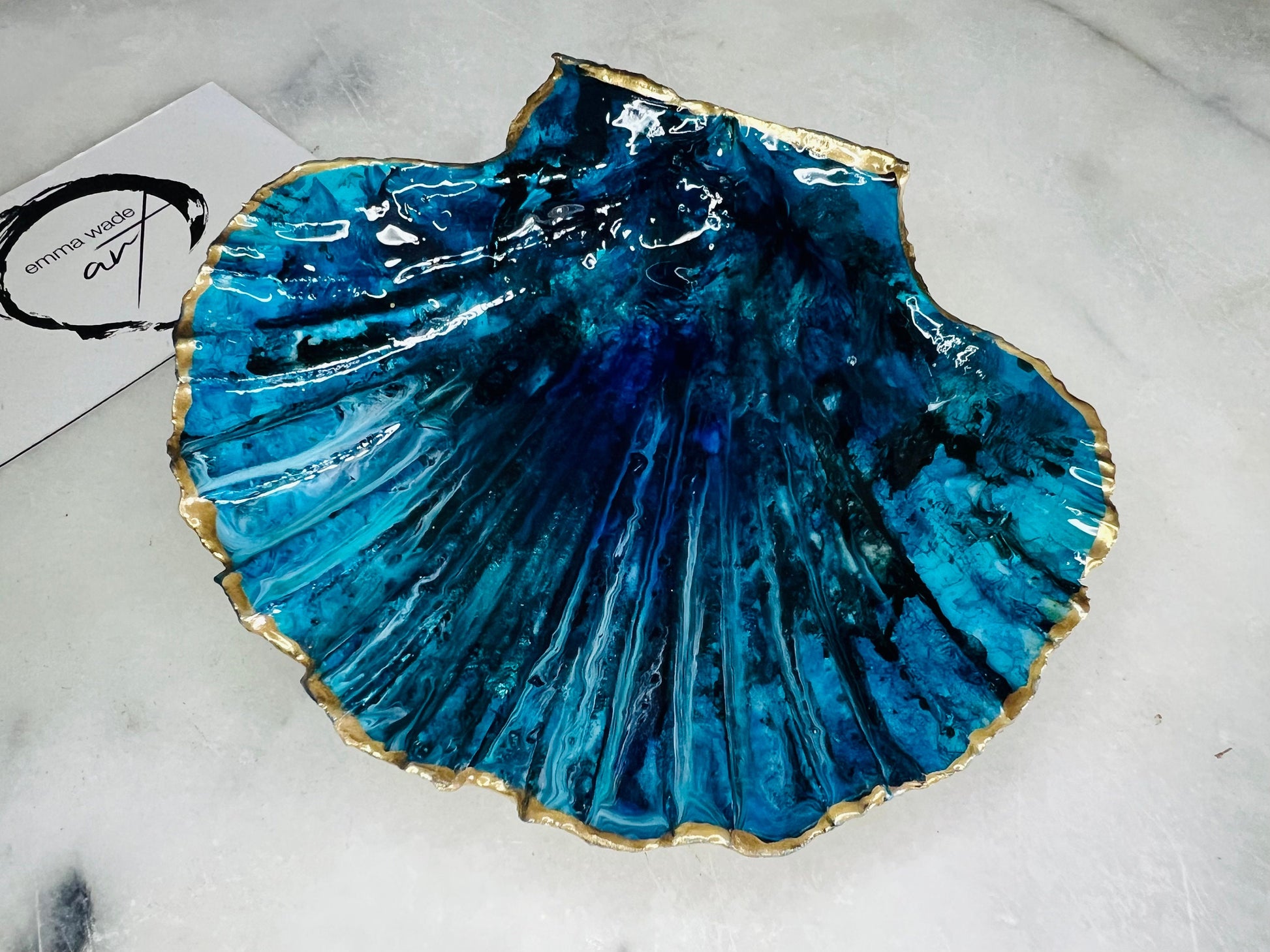 gift for her, blue gold dish, trinket dish, shell serving dish, blue handmade dish, shell ornament, trinket box, wedding gift, coastal gift, coastal decor, home decor, blue gift, shell decor, decorative ornament, EmmaWadeART, coastal ornament