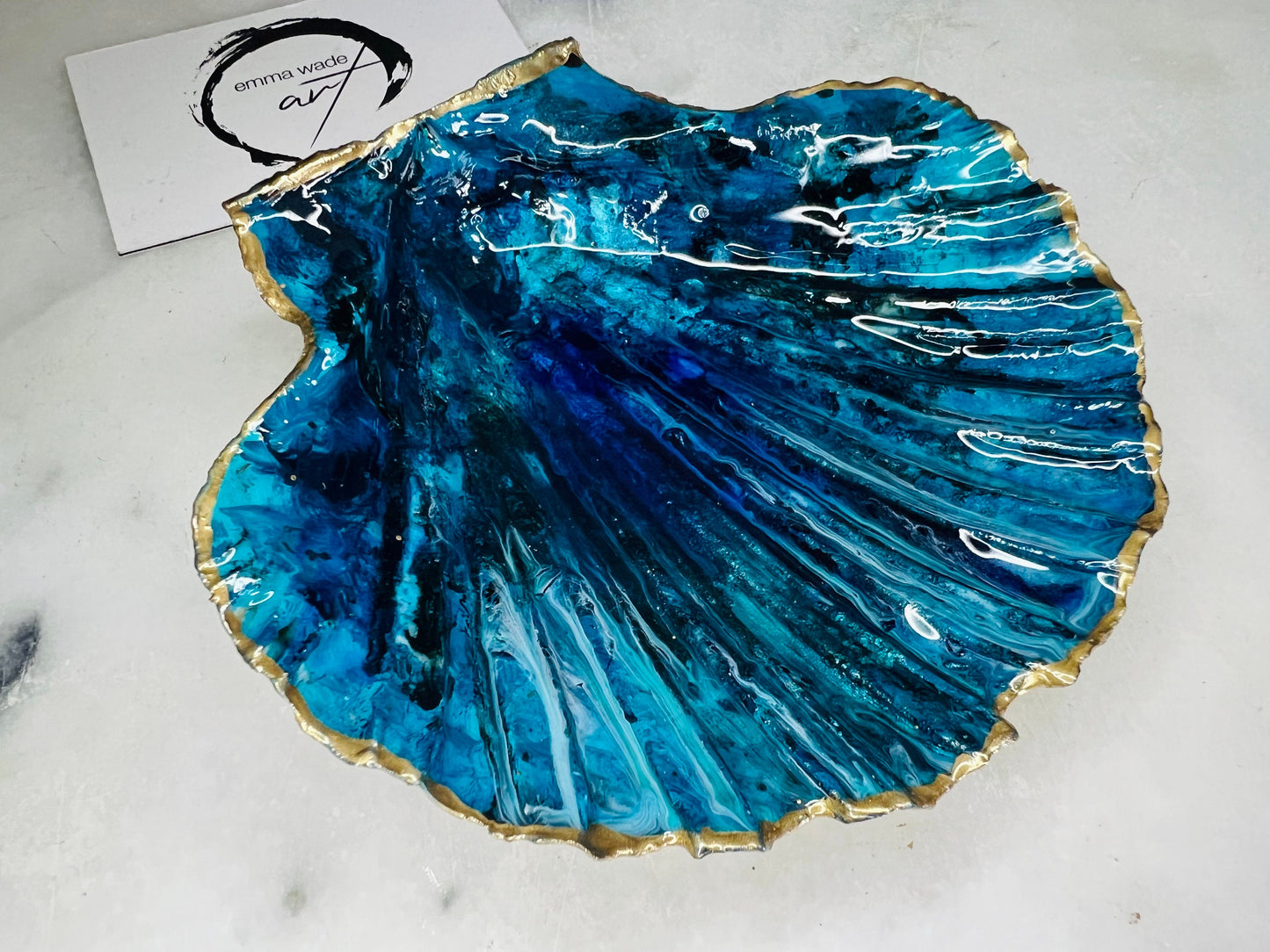 gift for her, blue gold dish, trinket dish, shell serving dish, blue handmade dish, shell ornament, trinket box, wedding gift, coastal gift, coastal decor, home decor, blue gift, shell decor, decorative ornament, EmmaWadeART, coastal ornament