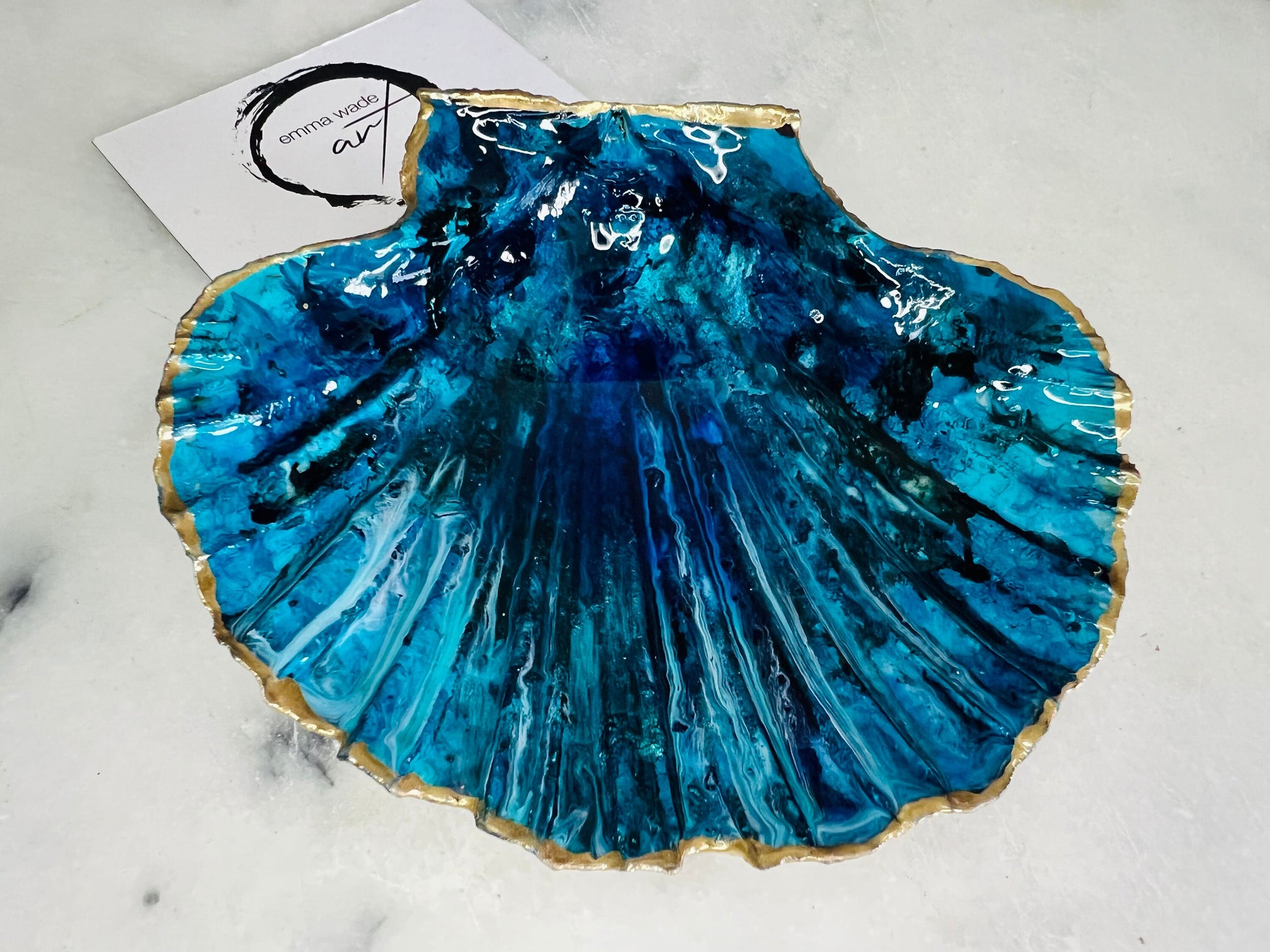 gift for her, blue gold dish, trinket dish, shell serving dish, blue handmade dish, shell ornament, trinket box, wedding gift, coastal gift, coastal decor, home decor, blue gift, shell decor, decorative ornament, EmmaWadeART, coastal ornament