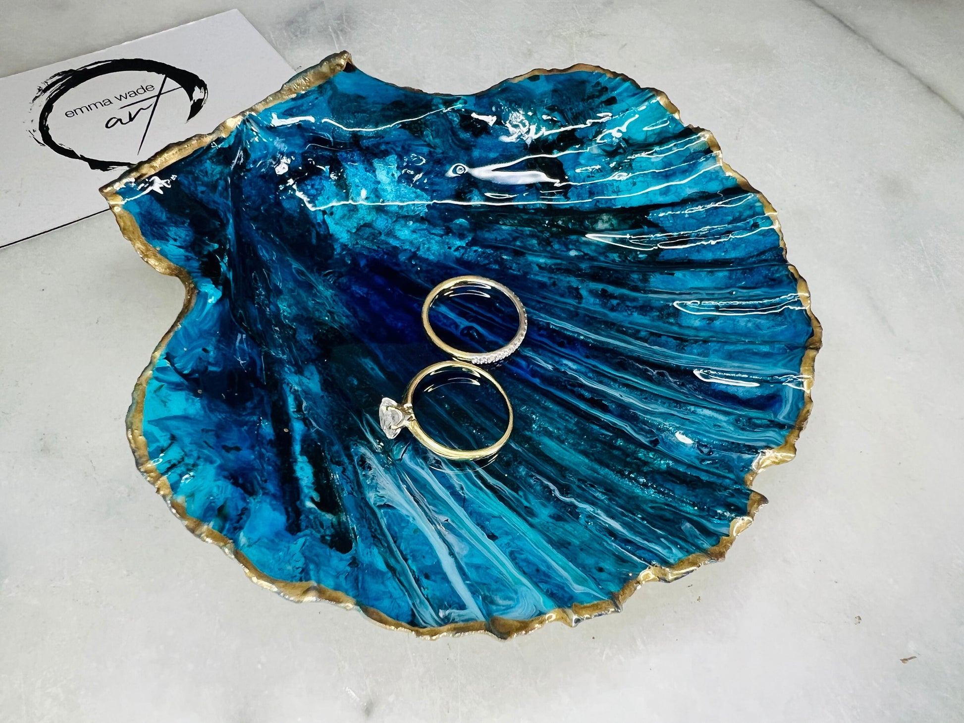 gift for her, blue gold dish, trinket dish, shell serving dish, blue handmade dish, shell ornament, trinket box, wedding gift, coastal gift, coastal decor, home decor, blue gift, shell decor, decorative ornament, EmmaWadeART, coastal ornament