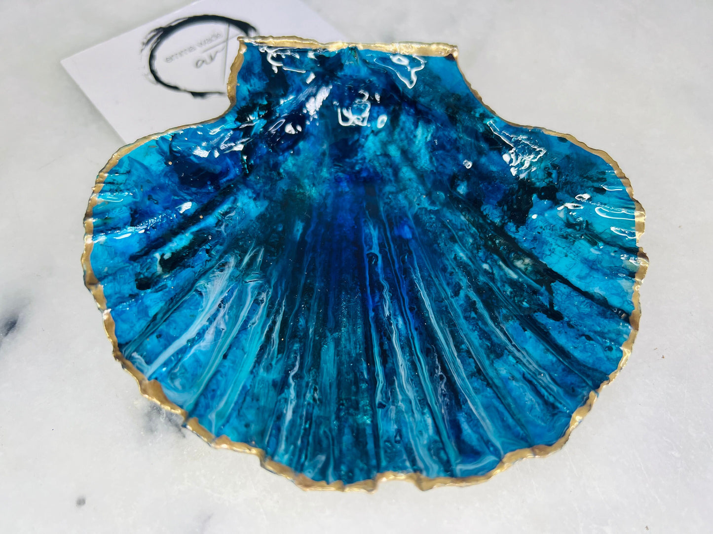 gift for her, blue gold dish, trinket dish, shell serving dish, blue handmade dish, shell ornament, trinket box, wedding gift, coastal gift, coastal decor, home decor, blue gift, shell decor, decorative ornament, EmmaWadeART, coastal ornament