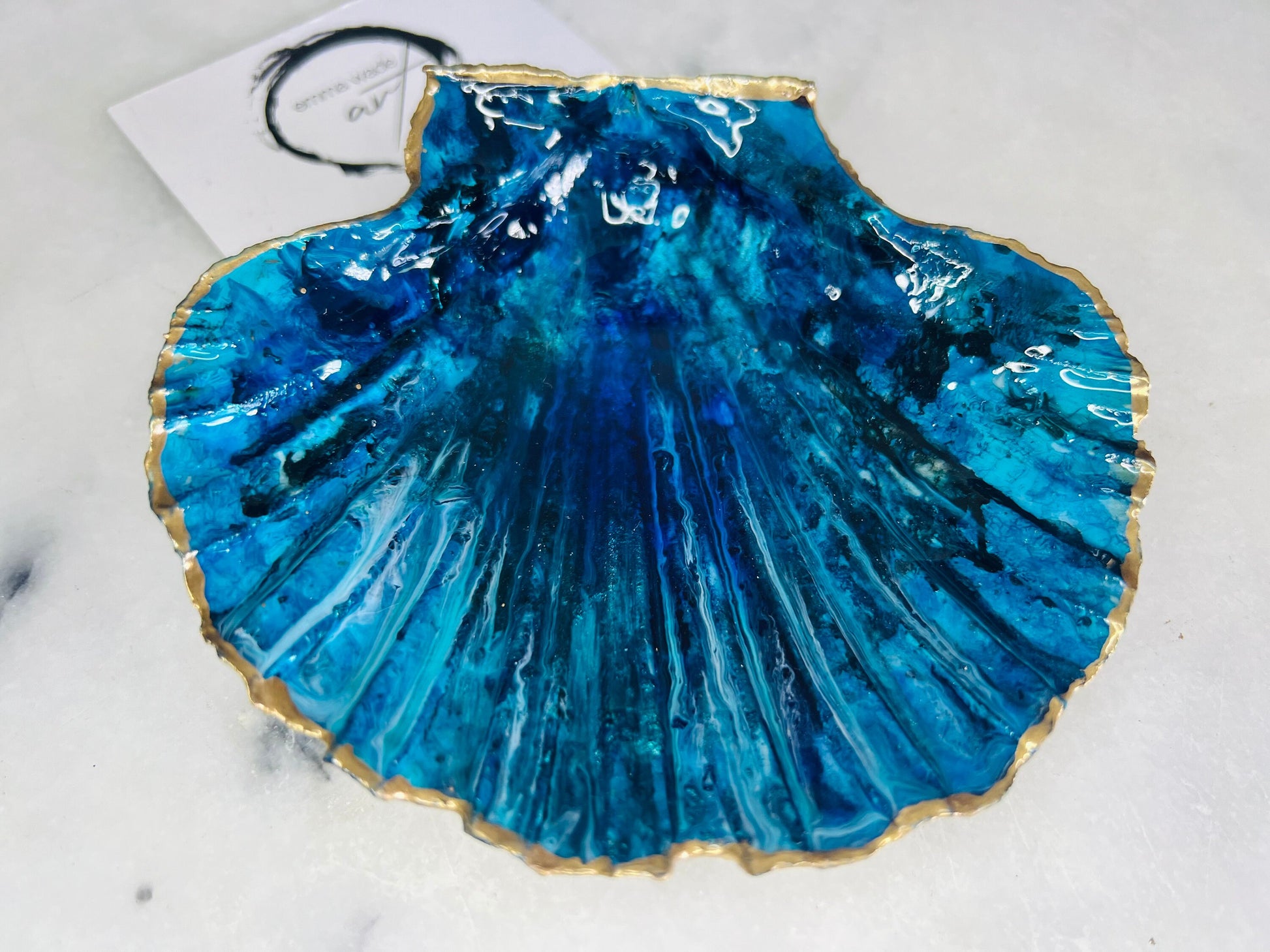 gift for her, blue gold dish, trinket dish, shell serving dish, blue handmade dish, shell ornament, trinket box, wedding gift, coastal gift, coastal decor, home decor, blue gift, shell decor, decorative ornament, EmmaWadeART, coastal ornament