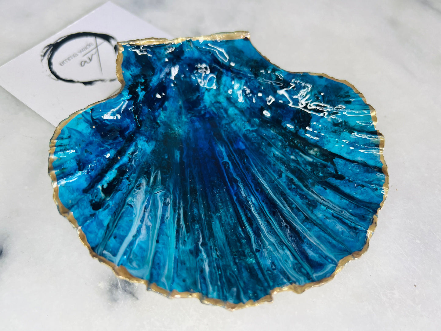 gift for her, blue gold dish, trinket dish, shell serving dish, blue handmade dish, shell ornament, trinket box, wedding gift, coastal gift, coastal decor, home decor, blue gift, shell decor, decorative ornament, EmmaWadeART, coastal ornament