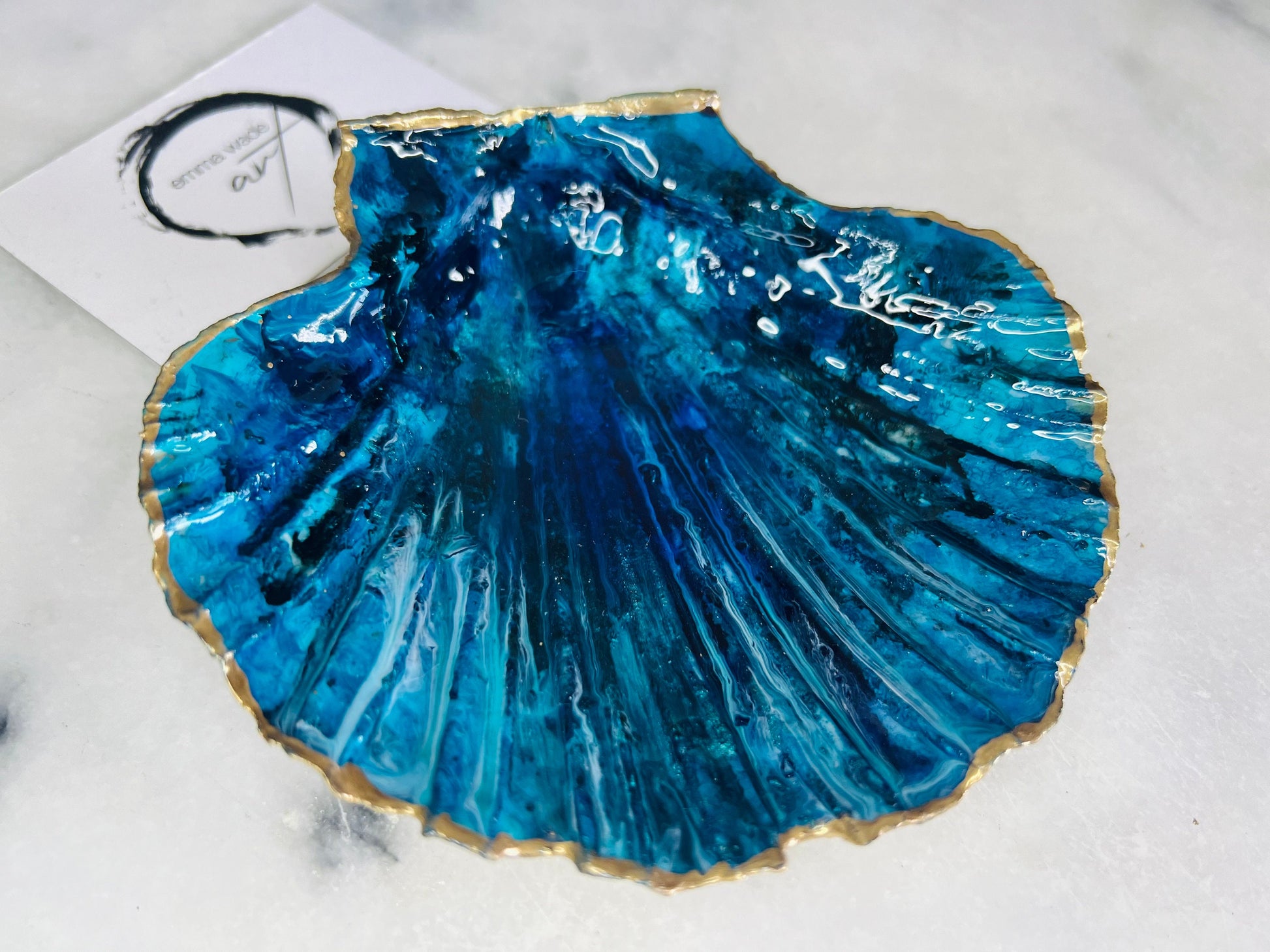 gift for her, blue gold dish, trinket dish, shell serving dish, blue handmade dish, shell ornament, trinket box, wedding gift, coastal gift, coastal decor, home decor, blue gift, shell decor, decorative ornament, EmmaWadeART, coastal ornament