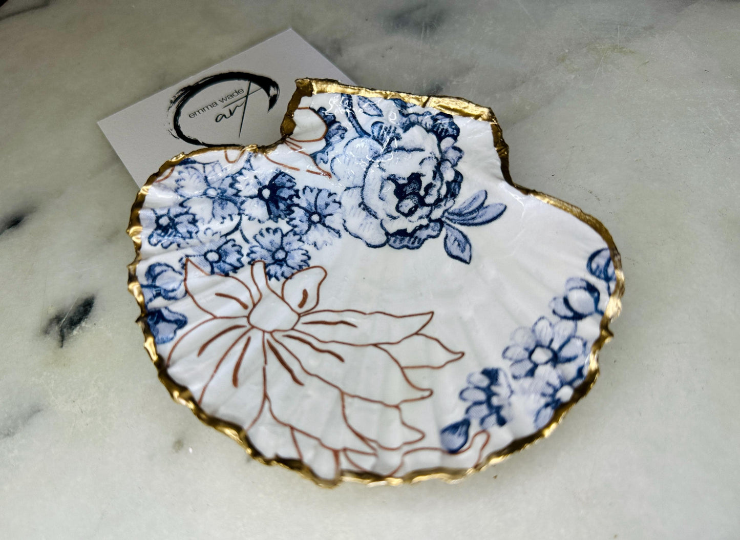 Palmers Floral Scallop Shell Trinket Dish | Gold Leaf Ring Catcher | Blue and White Coastal Jewellery Tray