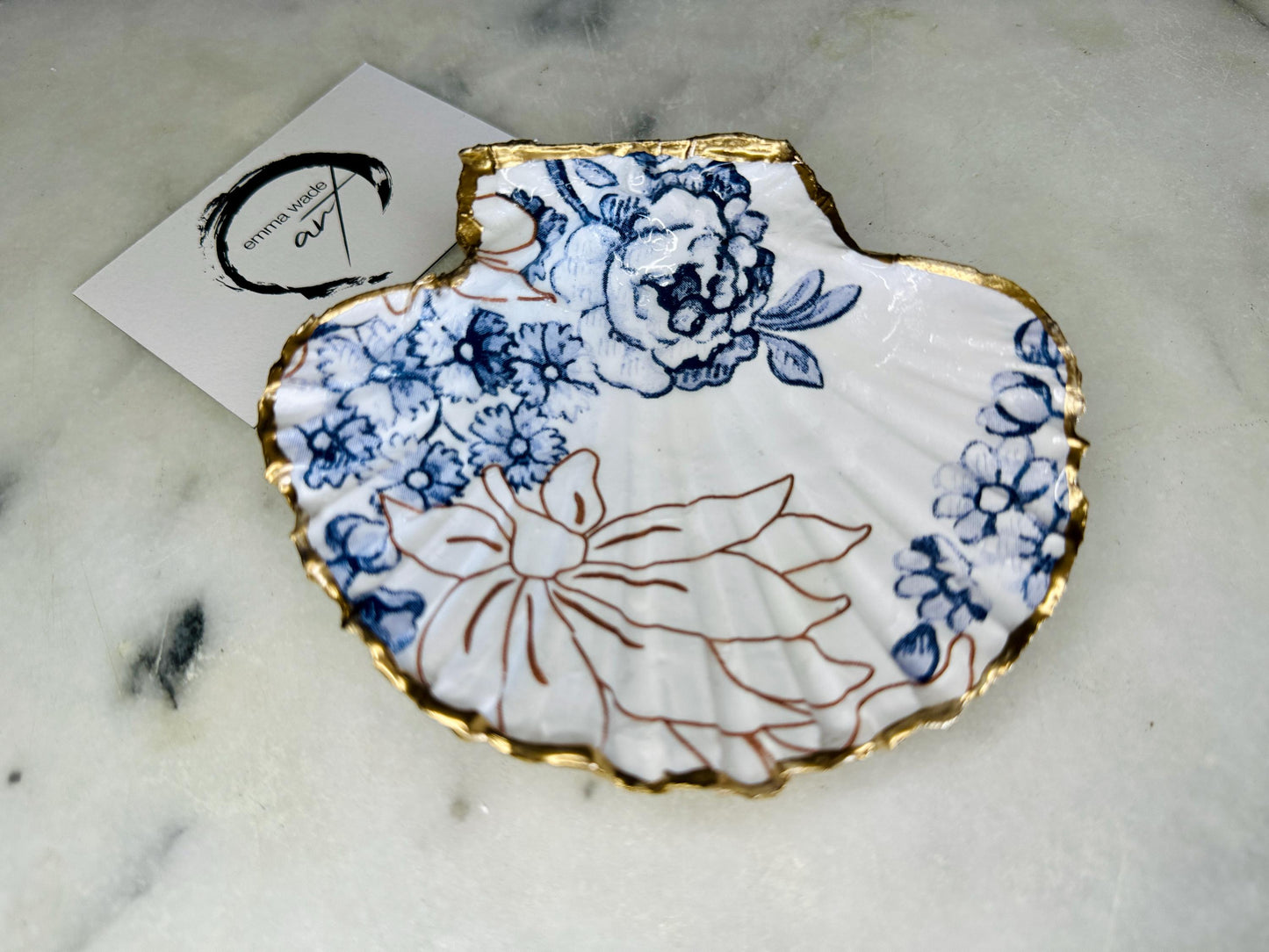 Palmers Floral Scallop Shell Trinket Dish | Gold Leaf Ring Catcher | Blue and White Coastal Jewellery Tray