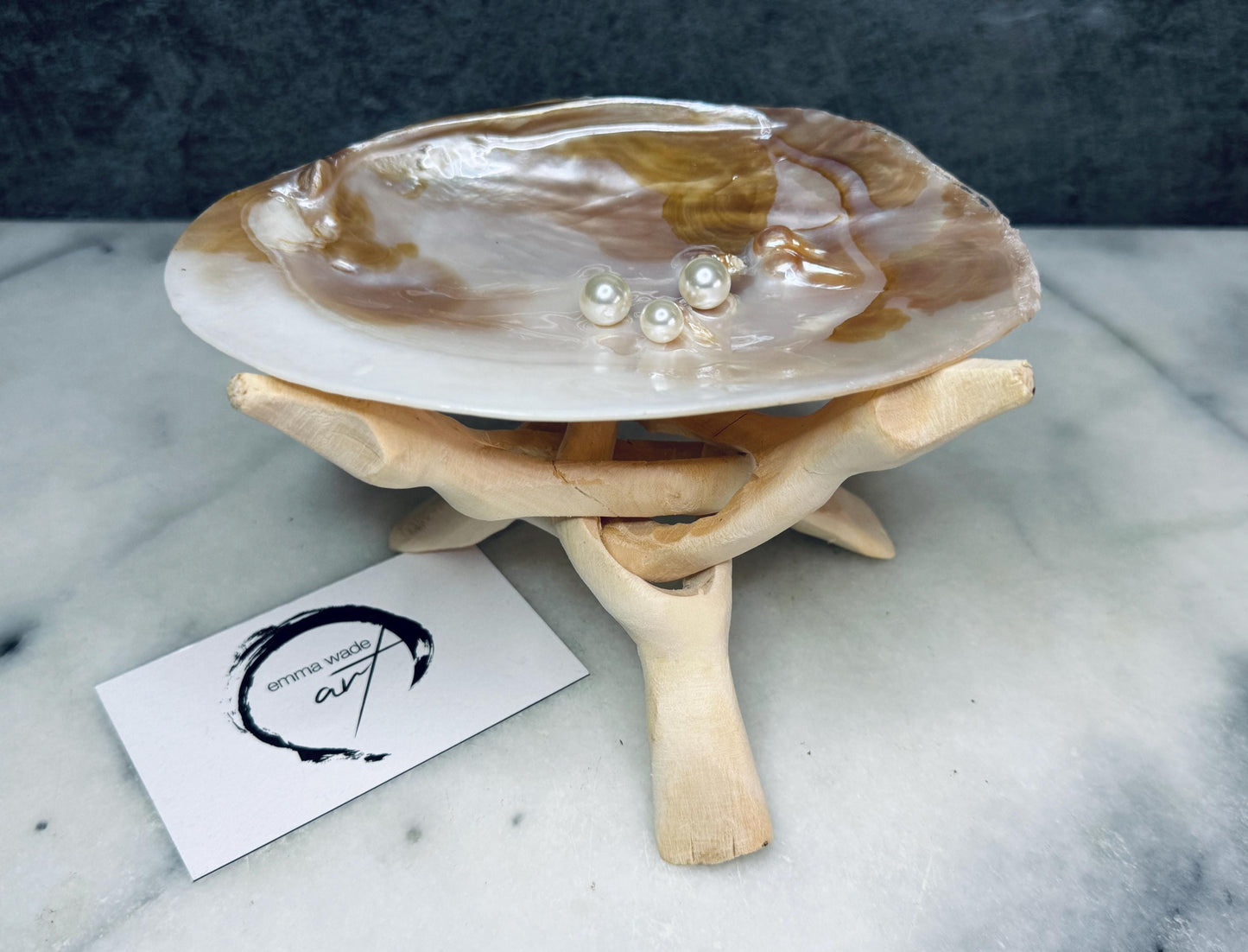 Natural freshwater oyster shell dish with Swarovski pearls, handmade coastal jewellery dish with glossy resin finish, luxury oyster shell decor with optional driftwood stand, pearlescent shell trinket tray, ring holder, coastal home styling accessory, unique artisan shell gift from Dorset UK