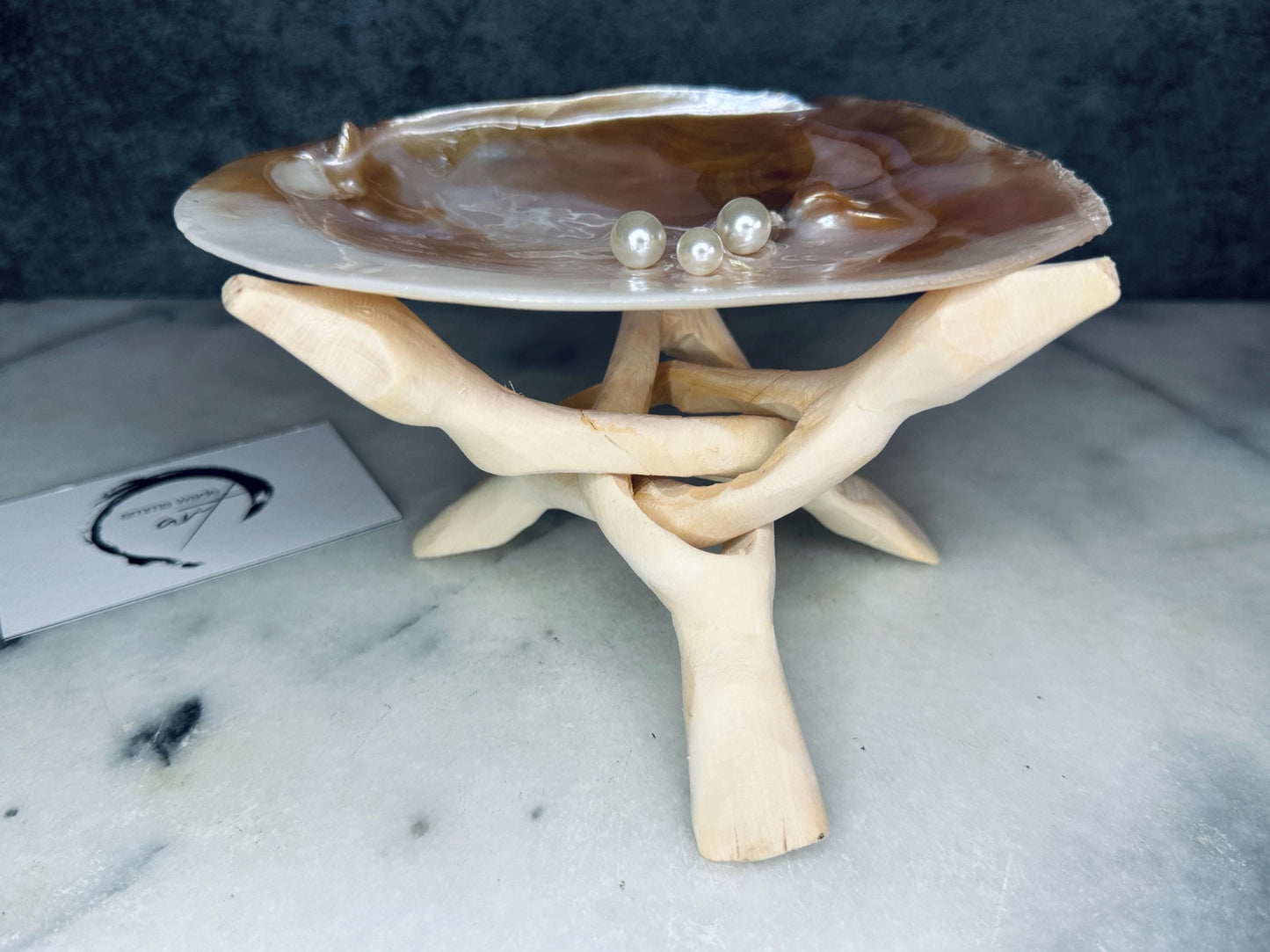 Natural freshwater oyster shell dish with Swarovski pearls, handmade coastal jewellery dish with glossy resin finish, luxury oyster shell decor with optional driftwood stand, pearlescent shell trinket tray, ring holder, coastal home styling accessory, unique artisan shell gift from Dorset UK