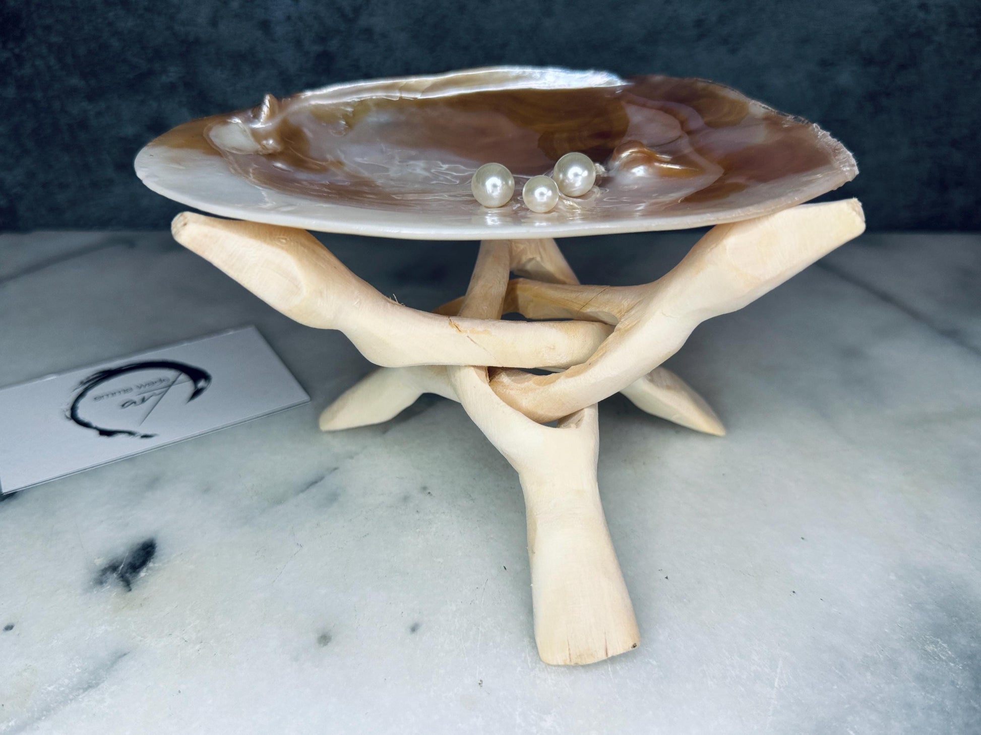 Natural freshwater oyster shell dish with Swarovski pearls, handmade coastal jewellery dish with glossy resin finish, luxury oyster shell decor with optional driftwood stand, pearlescent shell trinket tray, ring holder, coastal home styling accessory, unique artisan shell gift from Dorset UK