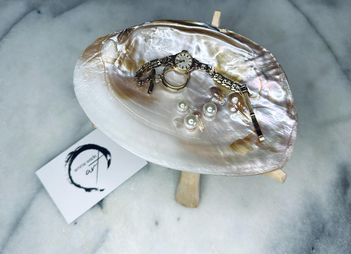 Natural freshwater oyster shell dish with Swarovski pearls, handmade coastal jewellery dish with glossy resin finish, luxury oyster shell decor with optional driftwood stand, pearlescent shell trinket tray, ring holder, coastal home styling accessory, unique artisan shell gift from Dorset UK
