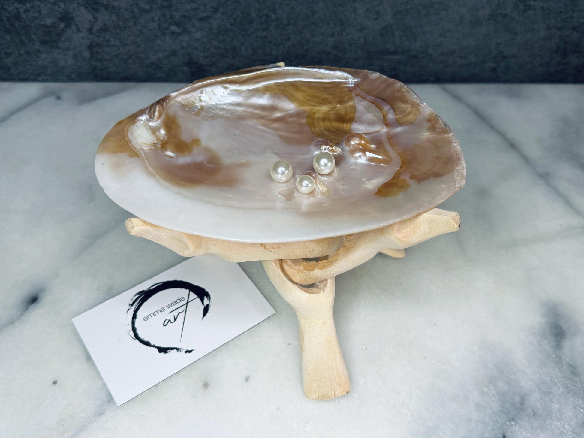 Natural freshwater oyster shell dish with Swarovski pearls, handmade coastal jewellery dish with glossy resin finish, luxury oyster shell decor with optional driftwood stand, pearlescent shell trinket tray, ring holder, coastal home styling accessory, unique artisan shell gift from Dorset UK