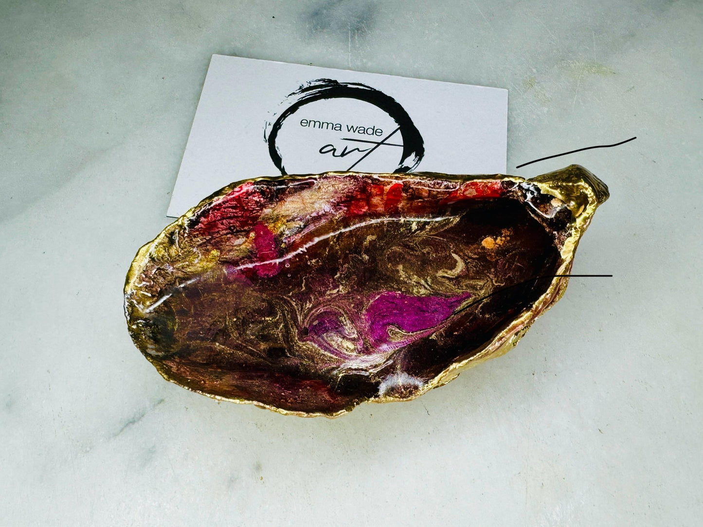 Red and Gilded Gold Natural Oyster Shell Trinket Dish: Hand-painted Oyster Ring Dish, Coastal ornament