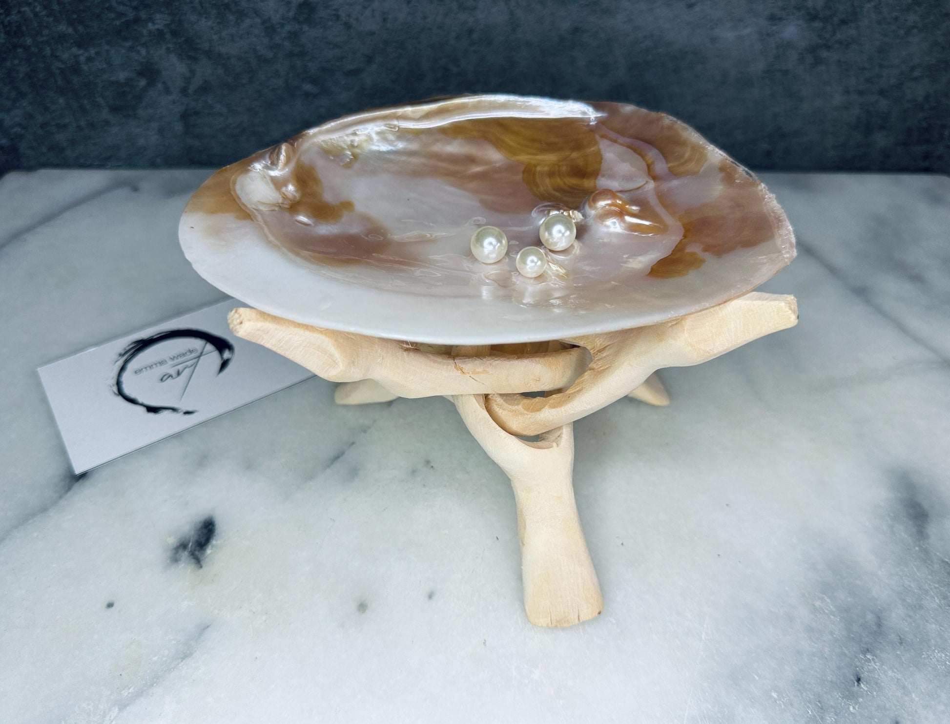 Natural freshwater oyster shell dish with Swarovski pearls, handmade coastal jewellery dish with glossy resin finish, luxury oyster shell decor with optional driftwood stand, pearlescent shell trinket tray, ring holder, coastal home styling accessory, unique artisan shell gift from Dorset UK