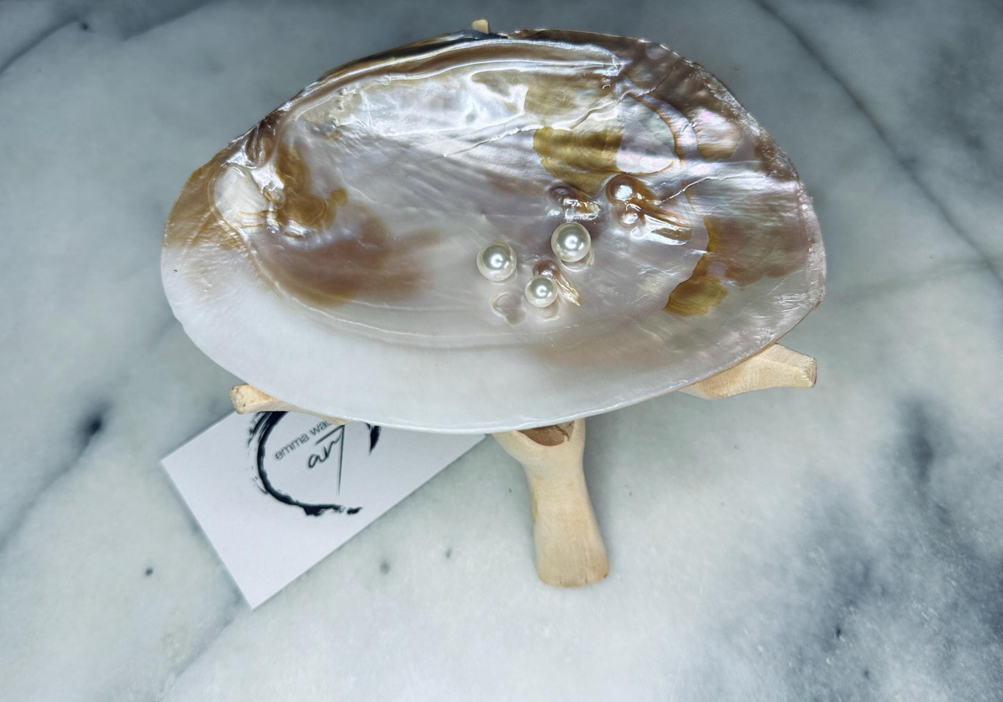 Natural freshwater oyster shell dish with Swarovski pearls, handmade coastal jewellery dish with glossy resin finish, luxury oyster shell decor with optional driftwood stand, pearlescent shell trinket tray, ring holder, coastal home styling accessory, unique artisan shell gift from Dorset UK