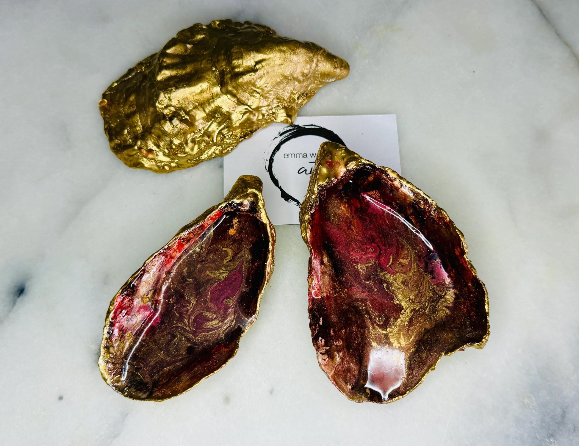 gifts for her, decorated dish, jewellery trinket dish, Christmas gift, handmade dish, shell ornament, trinket box, salt and pepper dishes, coastal gifts, coastal decor, home decor, red shell dish, red and gold gift, decorative ornament, EmmaWadeART