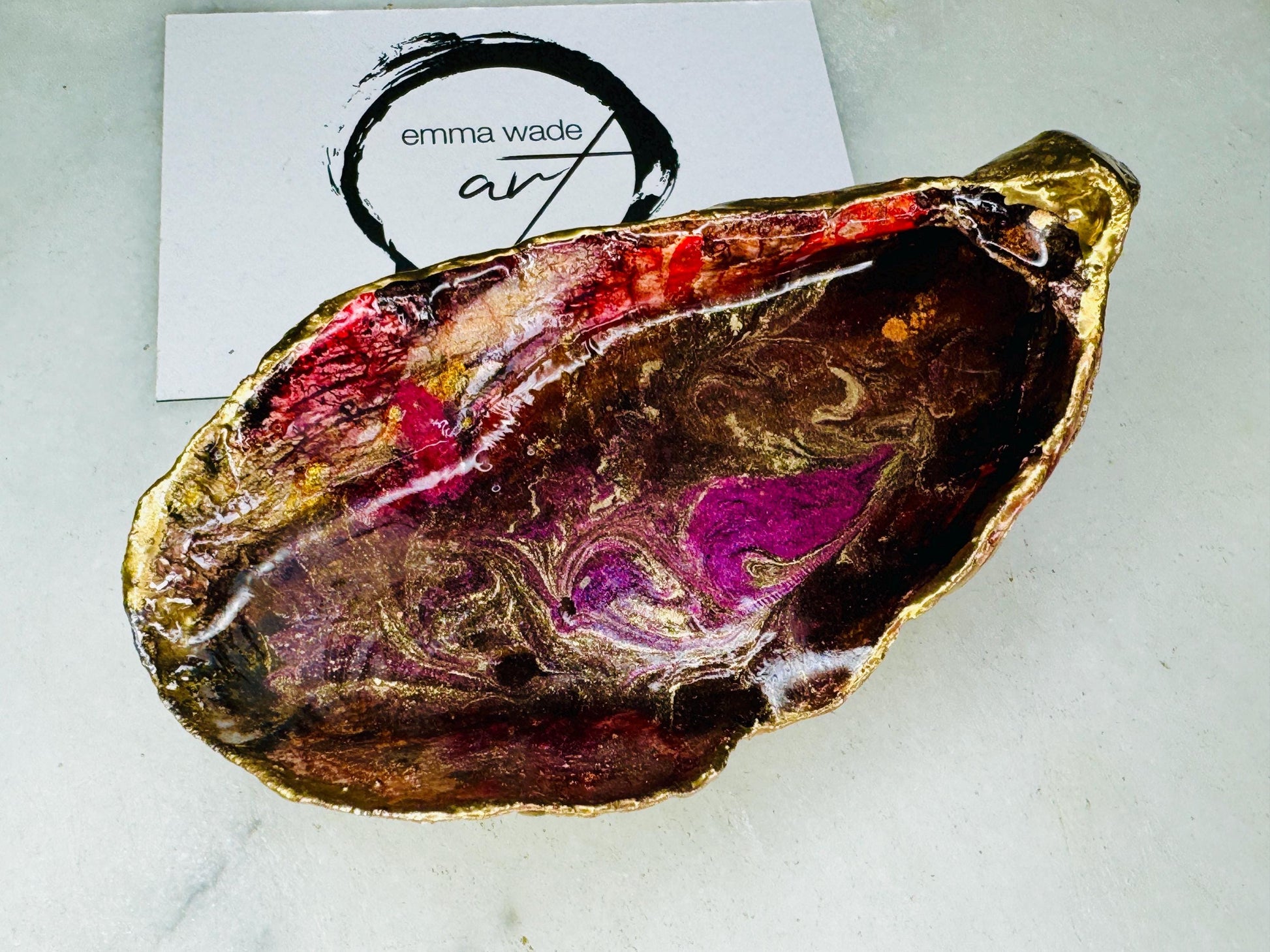 gifts for her, decorated dish, jewellery trinket dish, Christmas gift, handmade dish, shell ornament, trinket box, salt and pepper dishes, coastal gifts, coastal decor, home decor, red shell dish, red and gold gift, decorative ornament, EmmaWadeART