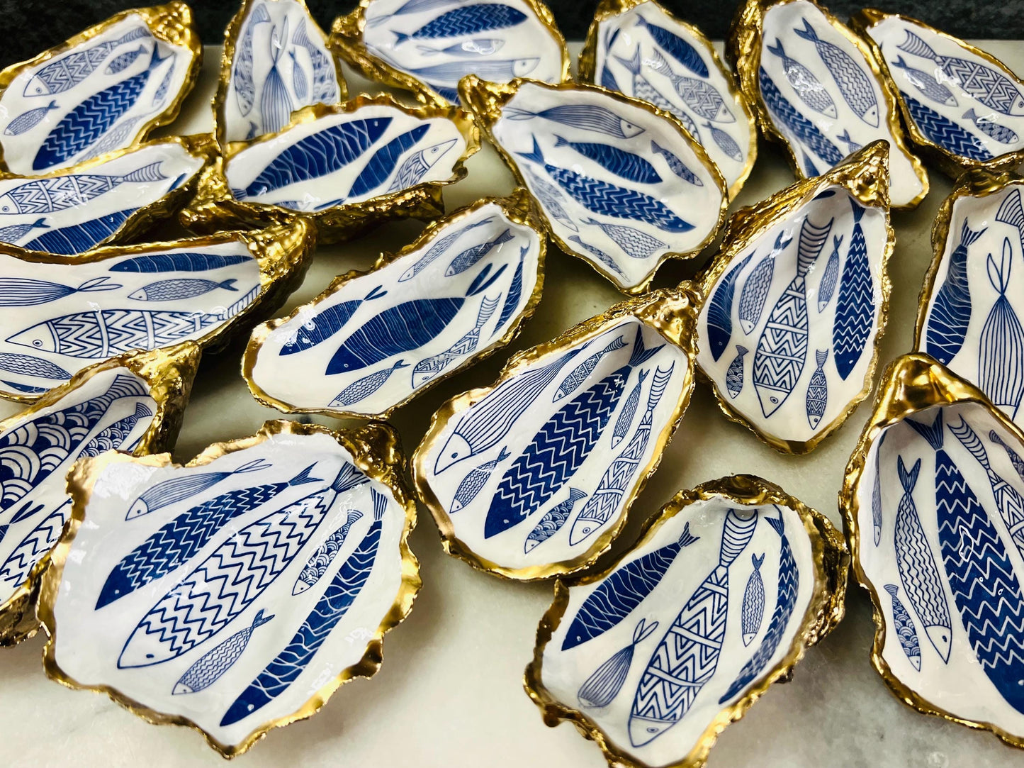 Hand-Gilded Gold Leaf Blue and White Fish Oyster Shell Trinket Dish, Sealed with Gloss Resin, Coastal Ring Holder, Host Gift