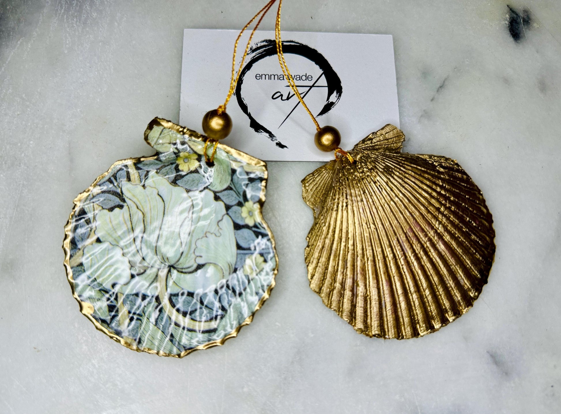 William Morris scallop shell ornament, Compton scallop shell ornament, Pimpernel scallop shell ornament, gold leaf shell decoration, coastal Christmas ornament, oyster shell hanging decor, William Morris home decor, scallop shell gift, handmade shell ornament, coastal wall hanging, gold gilded shell, UK artisan shell art, William Morris holiday ornament, coastal wedding favour, unique oyster shell decoration, seashell ornament