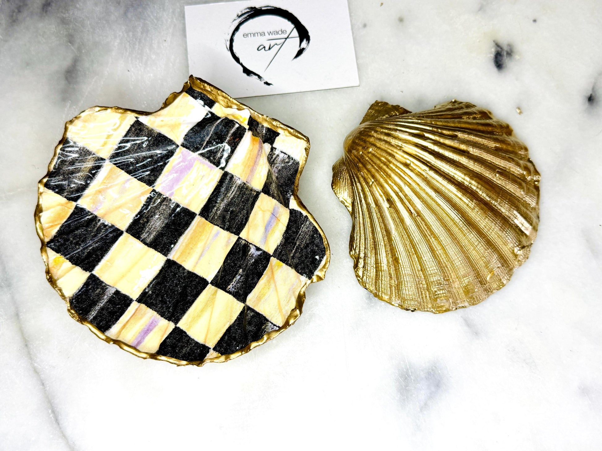 black and gold chequers scallop shell dish, handmade Dorset scallop shell trinket dish, gold leaf gilded jewellery holder, unique scallop shell ornament, black and gold coastal home decor, artisan scallop shell jewellery tray, scallop shell salt and pepper pinch pot, sustainable Dorset scallop shell gift, handmade scallop shell vanity dish UK, gothic scallop shell ornament gift, coastal inspired handmade shell decor, unique black and gold scallop shell keepsake, artisan shell jewellery dish UK