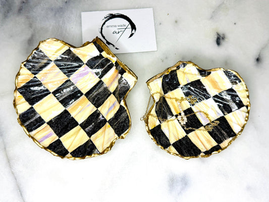 black and gold chequers scallop shell dish, handmade Dorset scallop shell trinket dish, gold leaf gilded jewellery holder, unique scallop shell ornament, black and gold coastal home decor, artisan scallop shell jewellery tray, scallop shell salt and pepper pinch pot, sustainable Dorset scallop shell gift, handmade scallop shell vanity dish UK, gothic scallop shell ornament gift, coastal inspired handmade shell decor, unique black and gold scallop shell keepsake, artisan shell jewellery dish UK