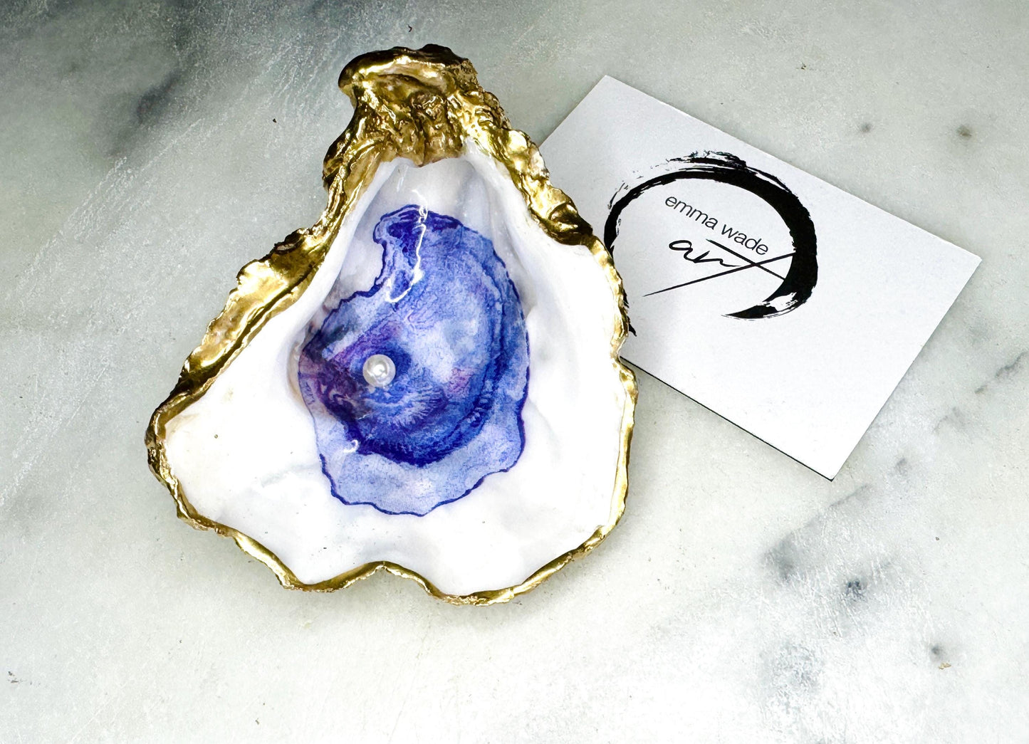 Watercolour Oyster Trinket Dish with Inset  Pearl, Gold Leaf Ring Holder, Coastal Shell Dish, Dorset Shell Decor, colour available