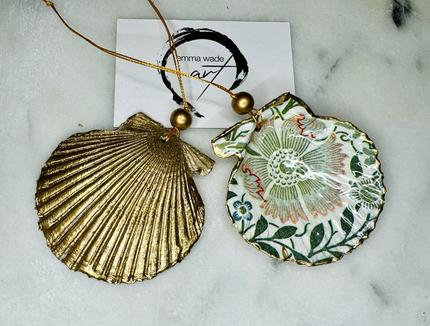 William Morris scallop shell ornament, Compton scallop shell ornament, Pimpernel scallop shell ornament, gold leaf shell decoration, coastal Christmas ornament, oyster shell hanging decor, William Morris home decor, scallop shell gift, handmade shell ornament, coastal wall hanging, gold gilded shell, UK artisan shell art, William Morris holiday ornament, coastal wedding favour, unique oyster shell decoration, seashell ornament