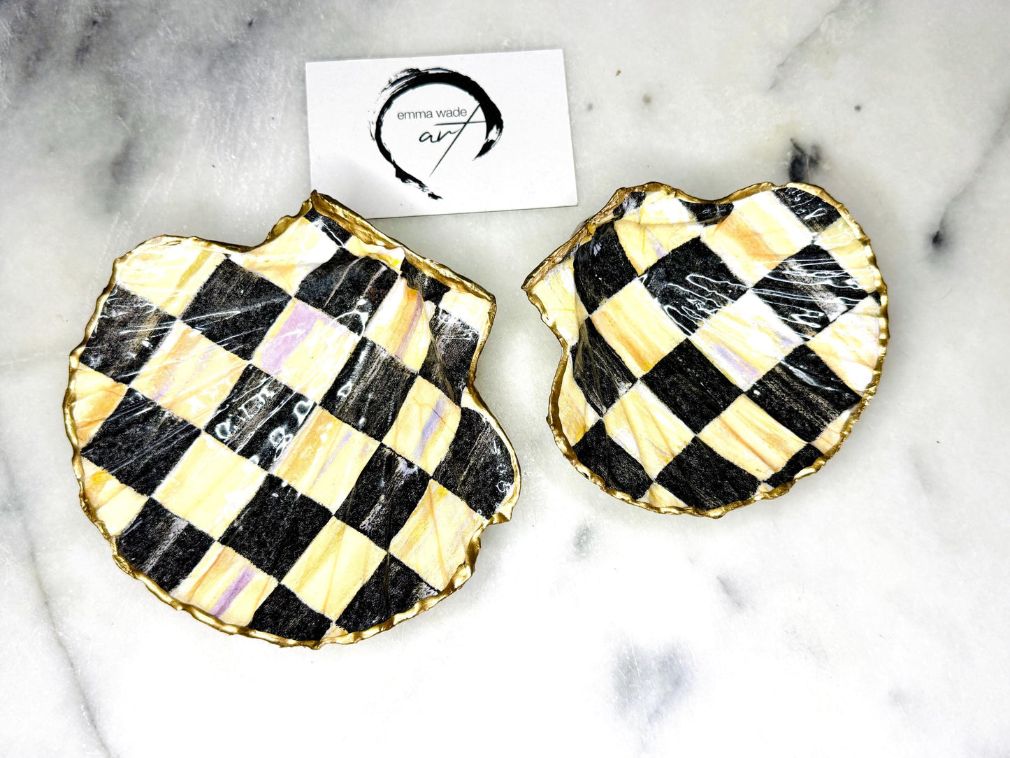 black and gold chequers scallop shell dish, handmade Dorset scallop shell trinket dish, gold leaf gilded jewellery holder, unique scallop shell ornament, black and gold coastal home decor, artisan scallop shell jewellery tray, scallop shell salt and pepper pinch pot, sustainable Dorset scallop shell gift, handmade scallop shell vanity dish UK, gothic scallop shell ornament gift, coastal inspired handmade shell decor, unique black and gold scallop shell keepsake, artisan shell jewellery dish UK