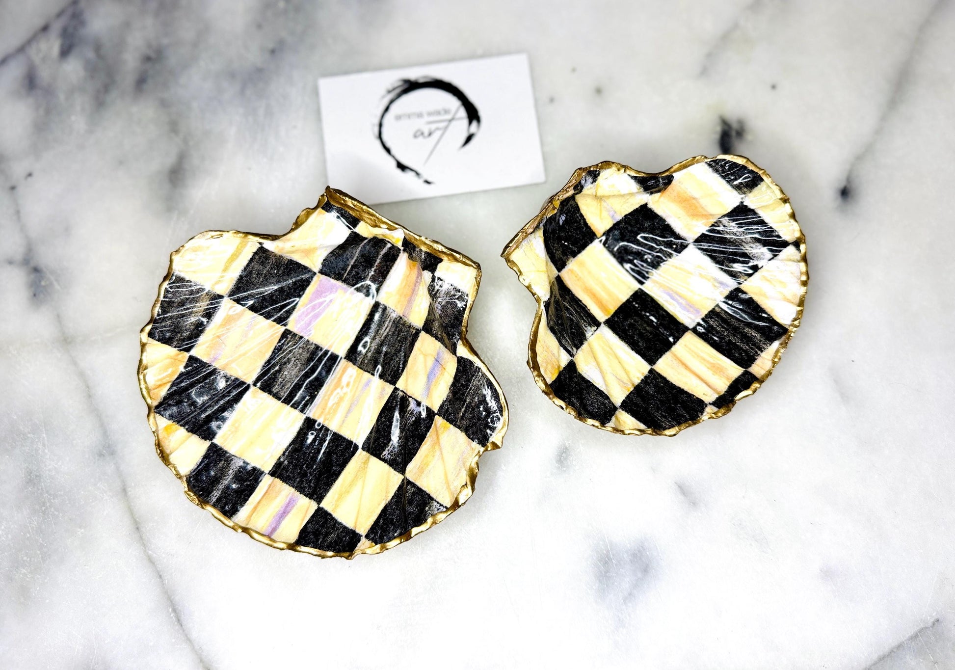 black and gold chequers scallop shell dish, handmade Dorset scallop shell trinket dish, gold leaf gilded jewellery holder, unique scallop shell ornament, black and gold coastal home decor, artisan scallop shell jewellery tray, scallop shell salt and pepper pinch pot, sustainable Dorset scallop shell gift, handmade scallop shell vanity dish UK, gothic scallop shell ornament gift, coastal inspired handmade shell decor, unique black and gold scallop shell keepsake, artisan shell jewellery dish UK