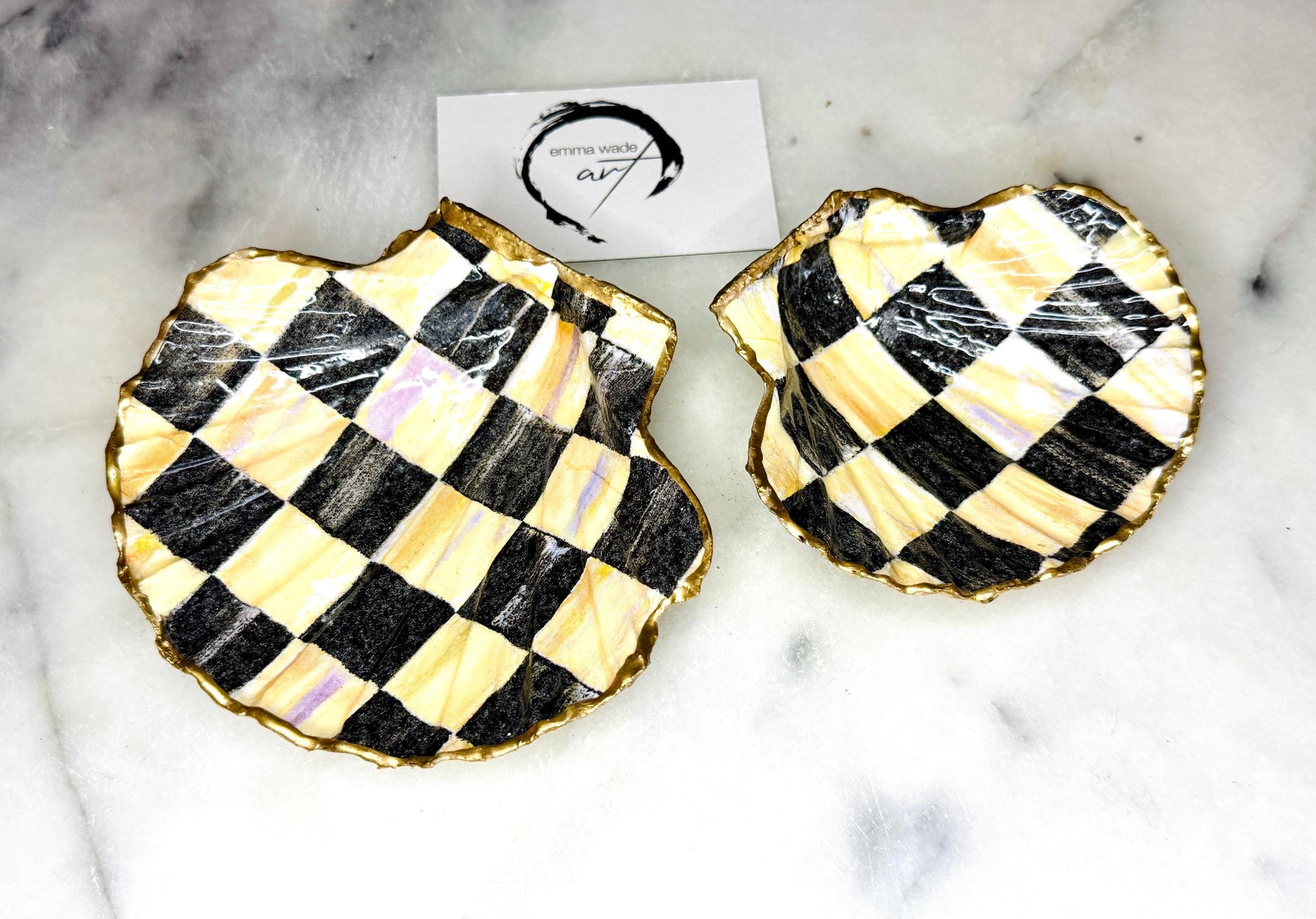 black and gold chequers scallop shell dish, handmade Dorset scallop shell trinket dish, gold leaf gilded jewellery holder, unique scallop shell ornament, black and gold coastal home decor, artisan scallop shell jewellery tray, scallop shell salt and pepper pinch pot, sustainable Dorset scallop shell gift, handmade scallop shell vanity dish UK, gothic scallop shell ornament gift, coastal inspired handmade shell decor, unique black and gold scallop shell keepsake, artisan shell jewellery dish UK