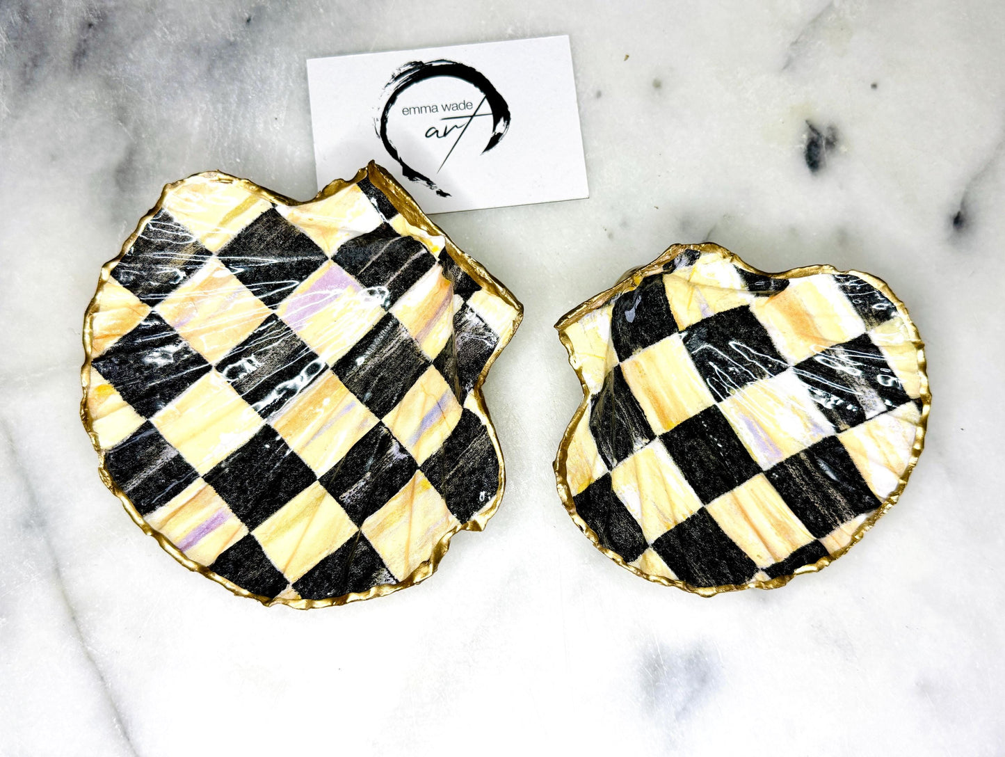black and gold chequers scallop shell dish, handmade Dorset scallop shell trinket dish, gold leaf gilded jewellery holder, unique scallop shell ornament, black and gold coastal home decor, artisan scallop shell jewellery tray, scallop shell salt and pepper pinch pot, sustainable Dorset scallop shell gift, handmade scallop shell vanity dish UK, gothic scallop shell ornament gift, coastal inspired handmade shell decor, unique black and gold scallop shell keepsake, artisan shell jewellery dish UK
