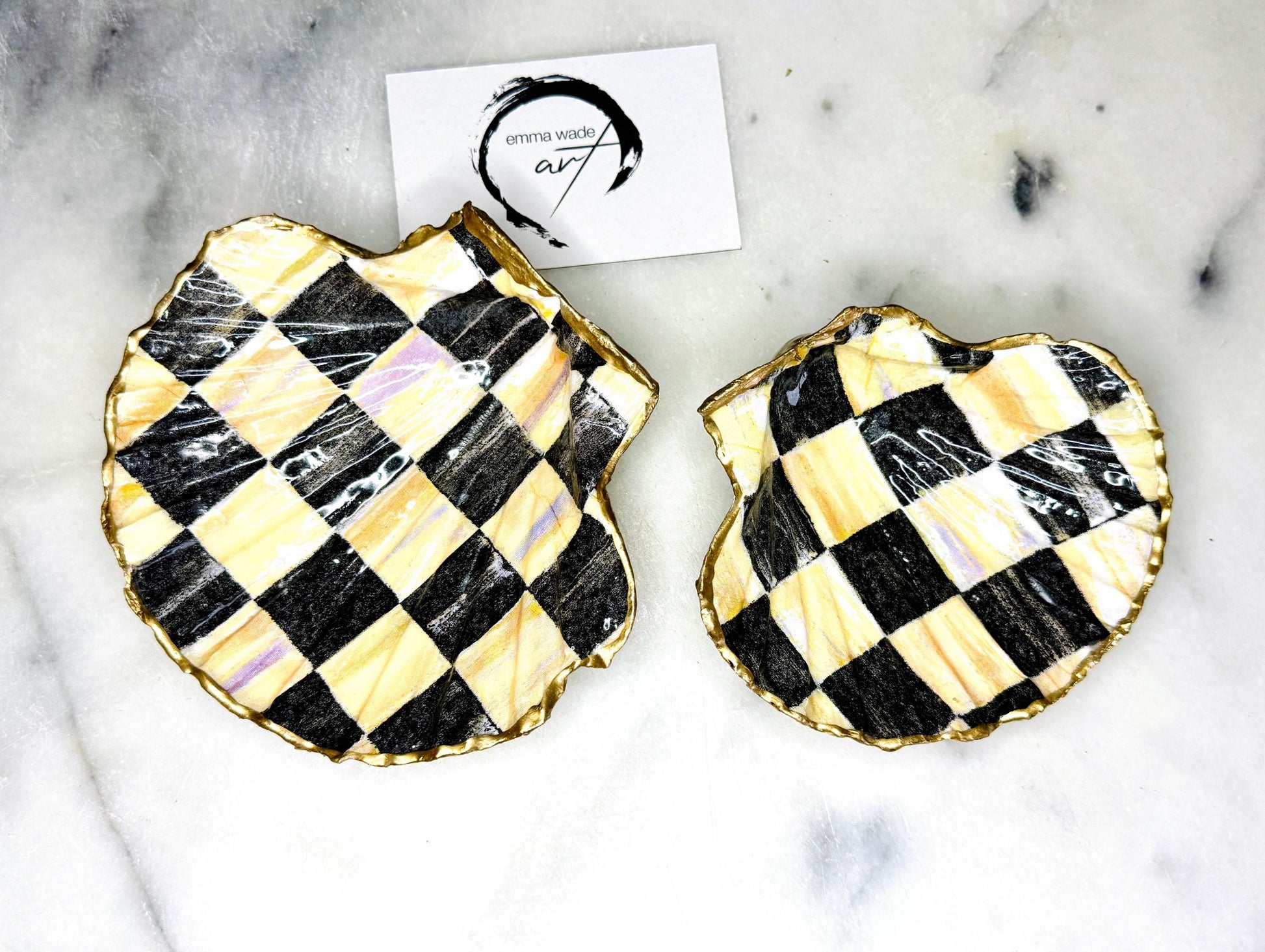 black and gold chequers scallop shell dish, handmade Dorset scallop shell trinket dish, gold leaf gilded jewellery holder, unique scallop shell ornament, black and gold coastal home decor, artisan scallop shell jewellery tray, scallop shell salt and pepper pinch pot, sustainable Dorset scallop shell gift, handmade scallop shell vanity dish UK, gothic scallop shell ornament gift, coastal inspired handmade shell decor, unique black and gold scallop shell keepsake, artisan shell jewellery dish UK