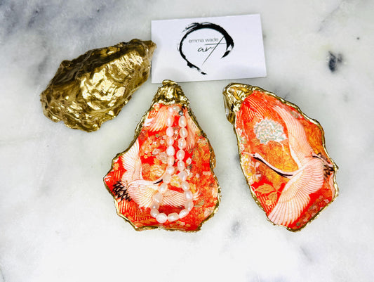 Japanese kimono flamingo oyster shell dish, orange flamingo trinket dish, gold leaf jewellery holder, coastal oyster shell decor, handmade Dorset shell gift, bird lover gift, tropical flamingo ornament, eco friendly shell jewellery tray, coastal wedding favour, beach house decor, unique oyster shell ring dish, flamingo bathroom accessory, nautical oyster trinket dish, Japanese style shell art, Emma Wade Art handmade oyster dish