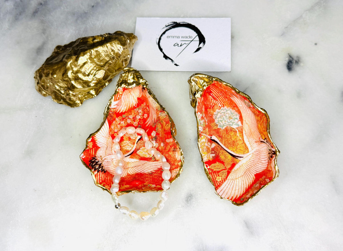 Japanese kimono flamingo oyster shell dish, orange flamingo trinket dish, gold leaf jewellery holder, coastal oyster shell decor, handmade Dorset shell gift, bird lover gift, tropical flamingo ornament, eco friendly shell jewellery tray, coastal wedding favour, beach house decor, unique oyster shell ring dish, flamingo bathroom accessory, nautical oyster trinket dish, Japanese style shell art, Emma Wade Art handmade oyster dish