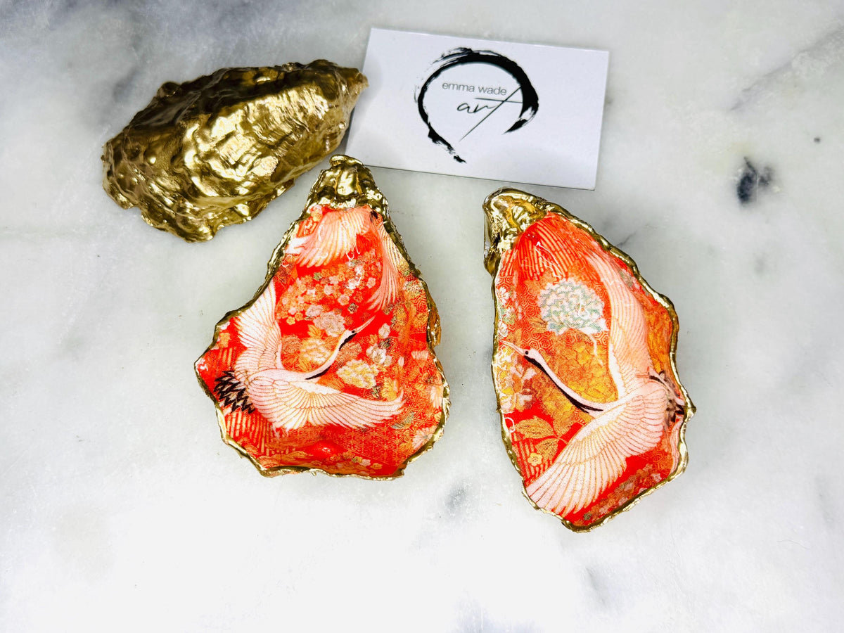 Japanese kimono flamingo oyster shell dish, orange flamingo trinket dish, gold leaf jewellery holder, coastal oyster shell decor, handmade Dorset shell gift, bird lover gift, tropical flamingo ornament, eco friendly shell jewellery tray, coastal wedding favour, beach house decor, unique oyster shell ring dish, flamingo bathroom accessory, nautical oyster trinket dish, Japanese style shell art, Emma Wade Art handmade oyster dish