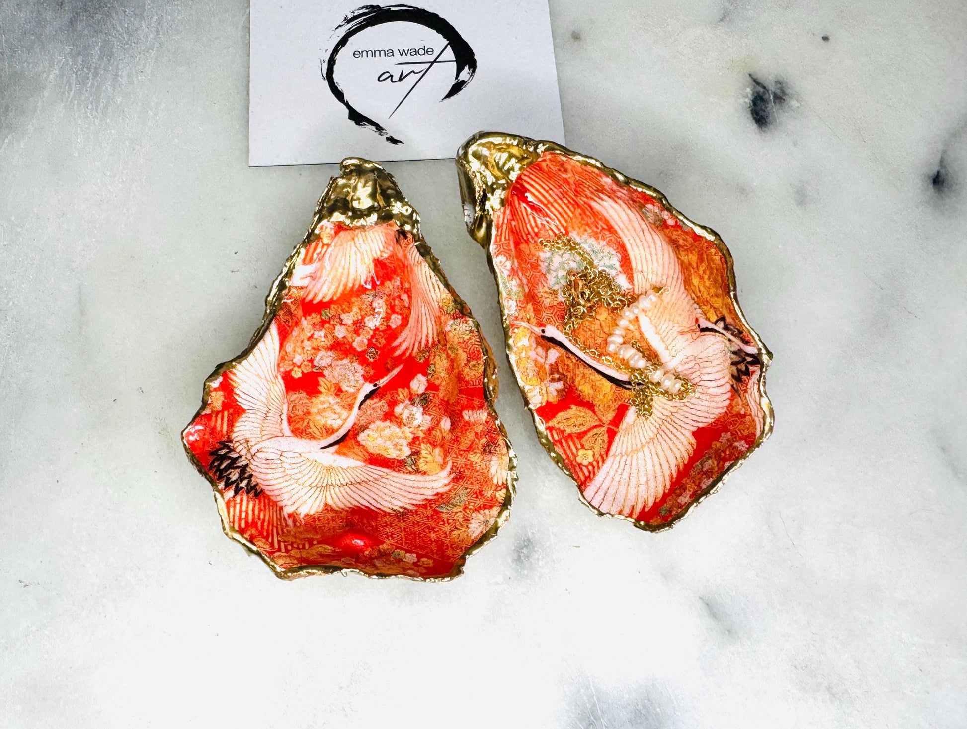 Japanese kimono flamingo oyster shell dish, orange flamingo trinket dish, gold leaf jewellery holder, coastal oyster shell decor, handmade Dorset shell gift, bird lover gift, tropical flamingo ornament, eco friendly shell jewellery tray, coastal wedding favour, beach house decor, unique oyster shell ring dish, flamingo bathroom accessory, nautical oyster trinket dish, Japanese style shell art, Emma Wade Art handmade oyster dish