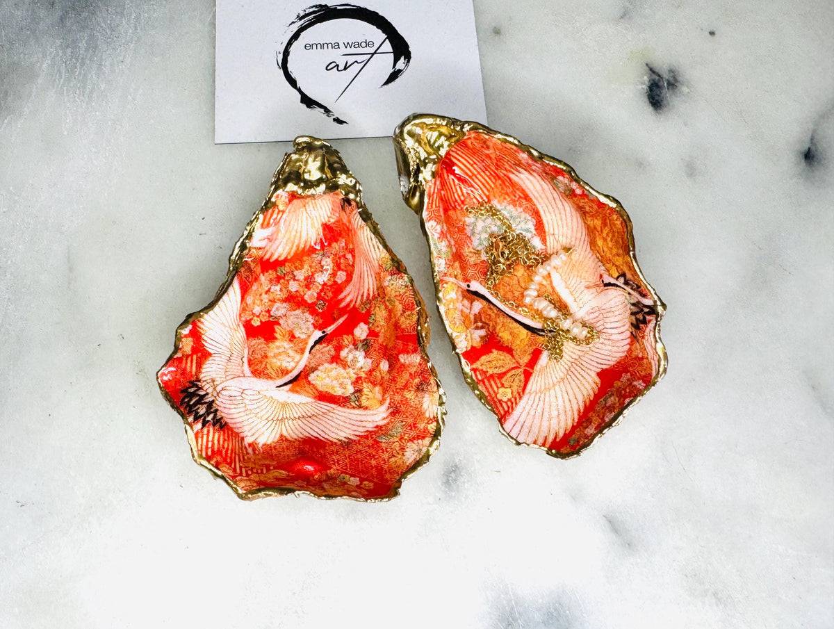 Japanese kimono flamingo oyster shell dish, orange flamingo trinket dish, gold leaf jewellery holder, coastal oyster shell decor, handmade Dorset shell gift, bird lover gift, tropical flamingo ornament, eco friendly shell jewellery tray, coastal wedding favour, beach house decor, unique oyster shell ring dish, flamingo bathroom accessory, nautical oyster trinket dish, Japanese style shell art, Emma Wade Art handmade oyster dish