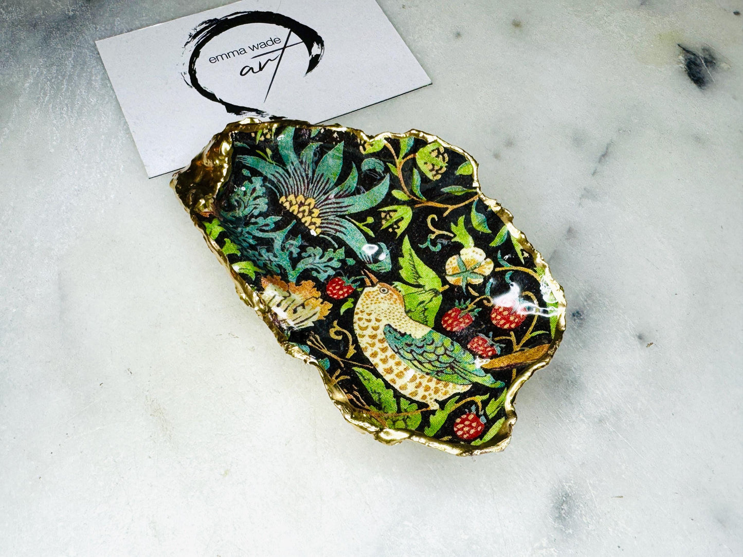 William Morris Green Black Strawberry Thief Oyster Dish | Gold Leaf Shell Jewellery Holder | Coastal Heritage Trinket Tray